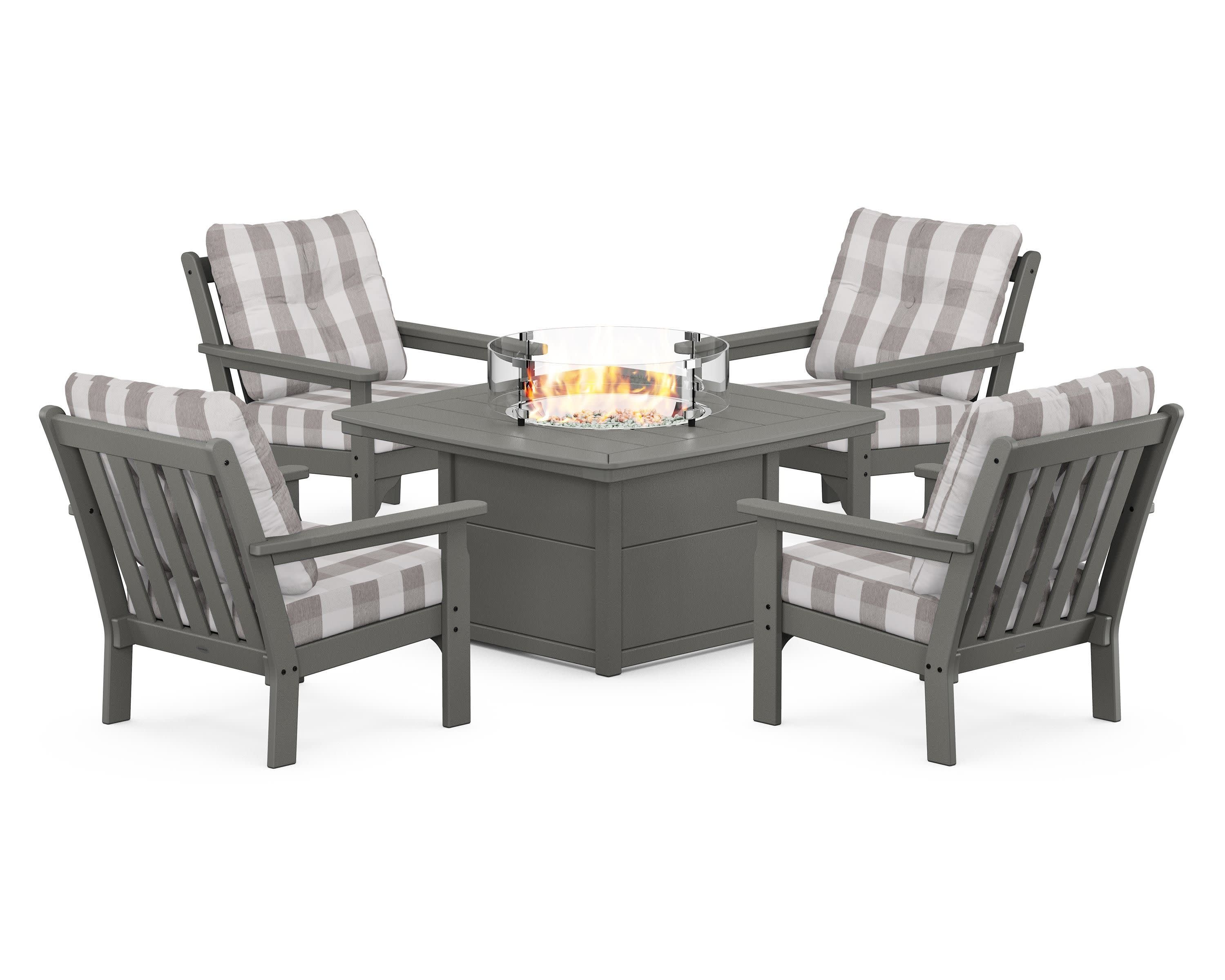 Vineyard 5-Piece Conversation Set with Fire Pit Table in Slate Grey / Buffalo Plaid Grey Mist