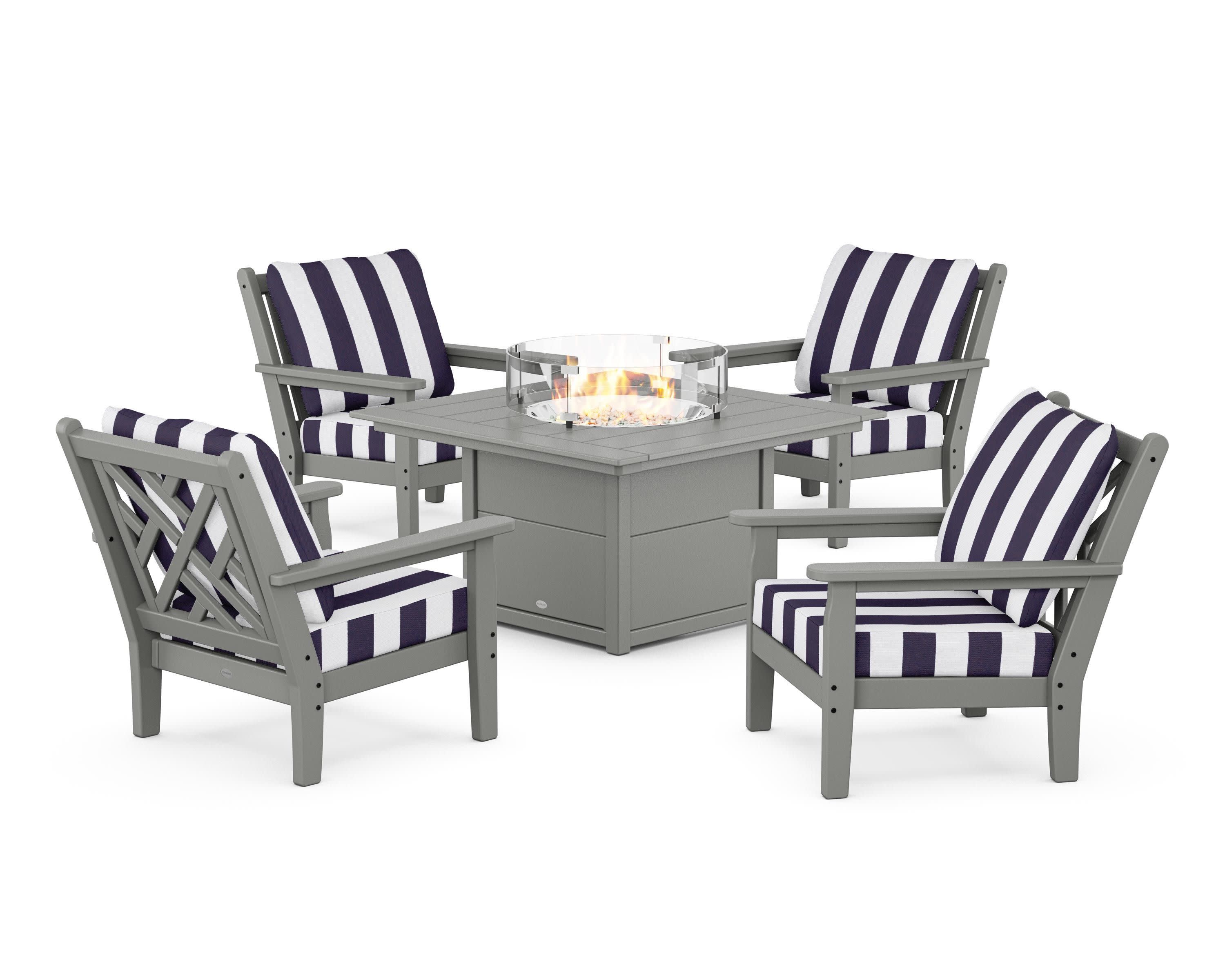 Chippendale 5-Piece Deep Seating Set with Fire Pit Table in Slate Grey / Cabana Stripe Navy