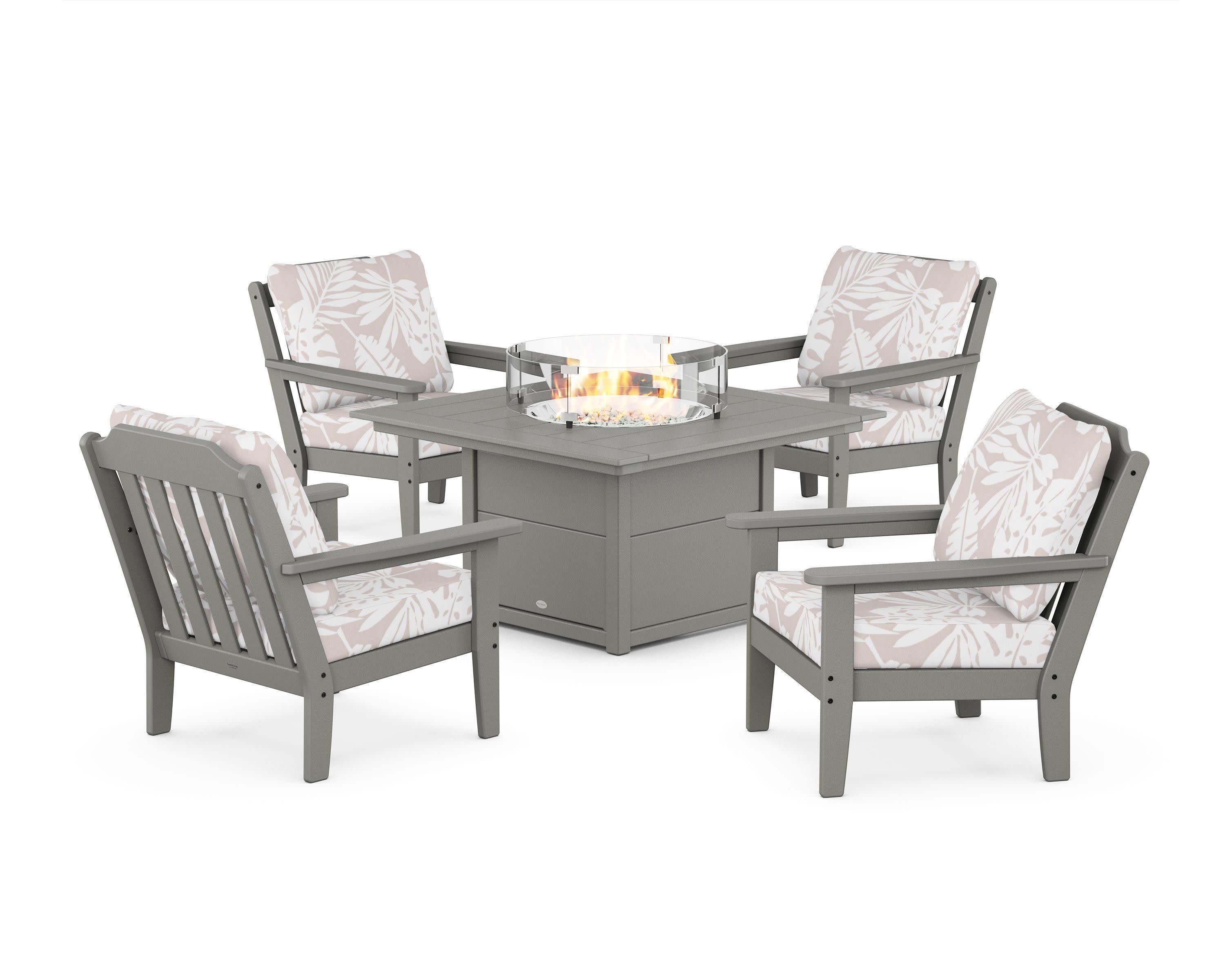 Cottage 5-Piece Deep Seating Set with Fire Pit Table in Slate Grey / Leaf Dune Burlap