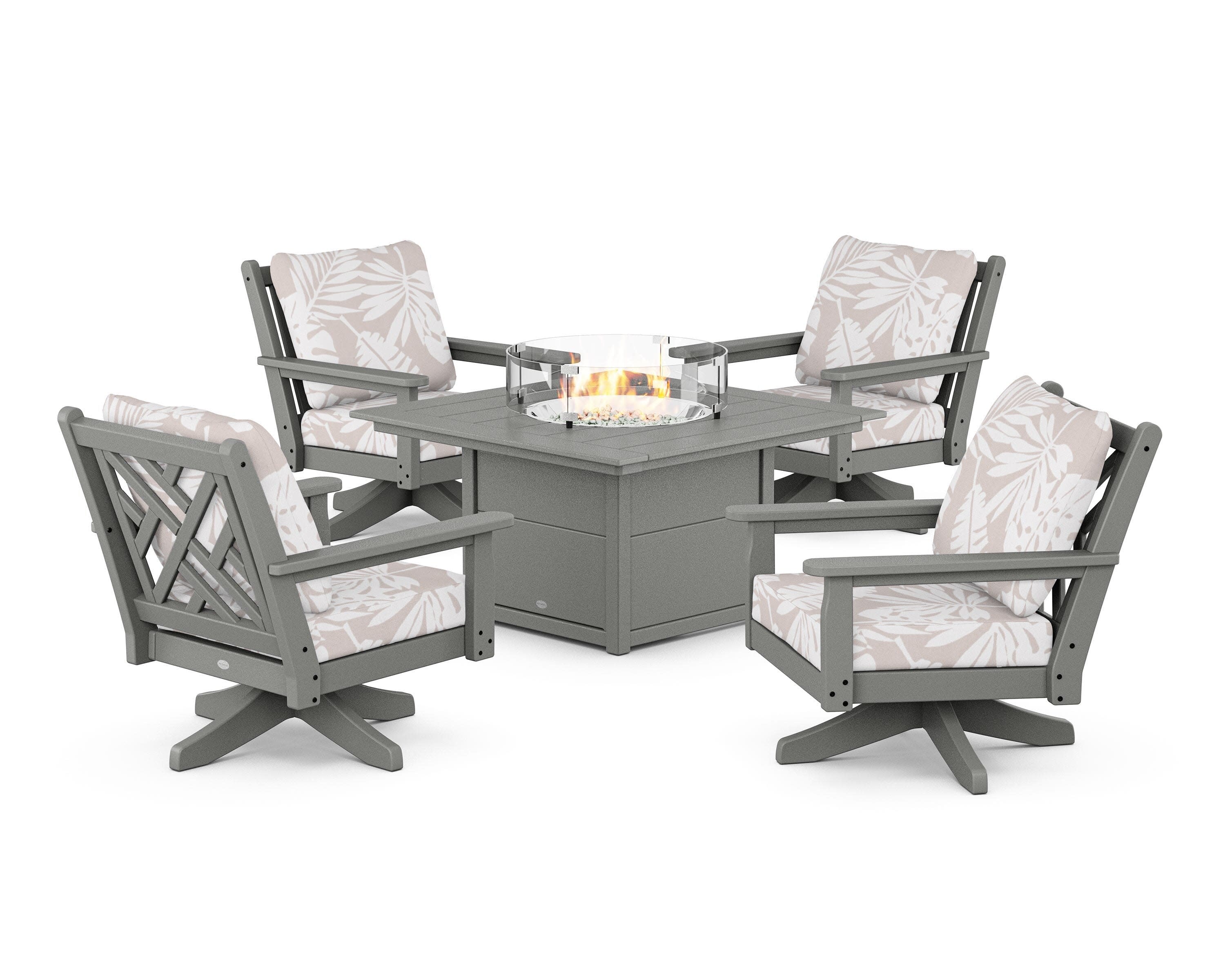 Chippendale 5-Piece Deep Seating Swivel Conversation Set with Fire Pit Table in Slate Grey / Leaf Dune Burlap