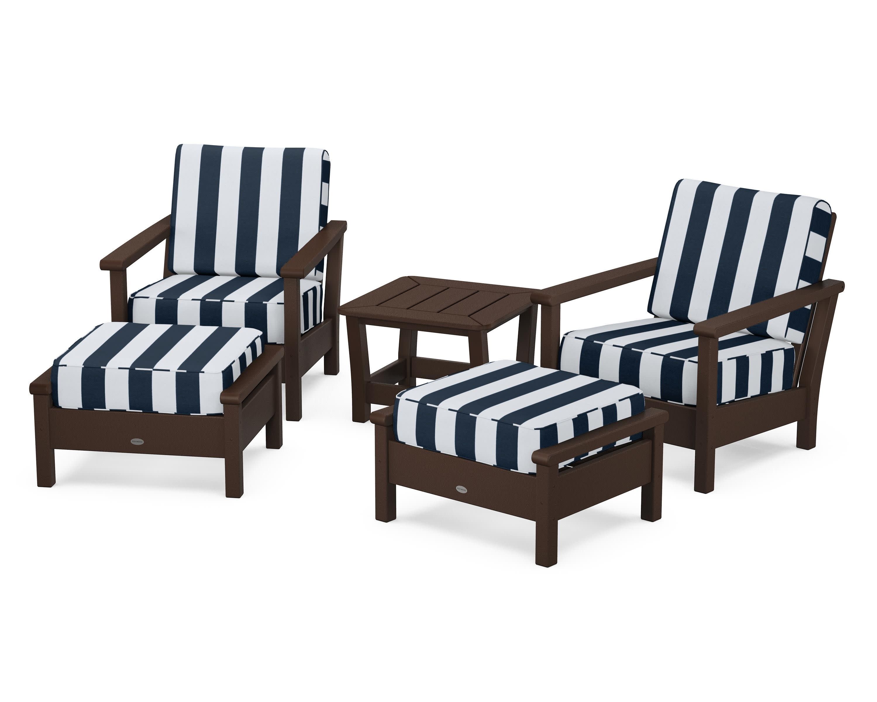 Harbour 5-Piece Deep Seating Chair Set in Mahogany / Cabana Stripe Marine Indigo