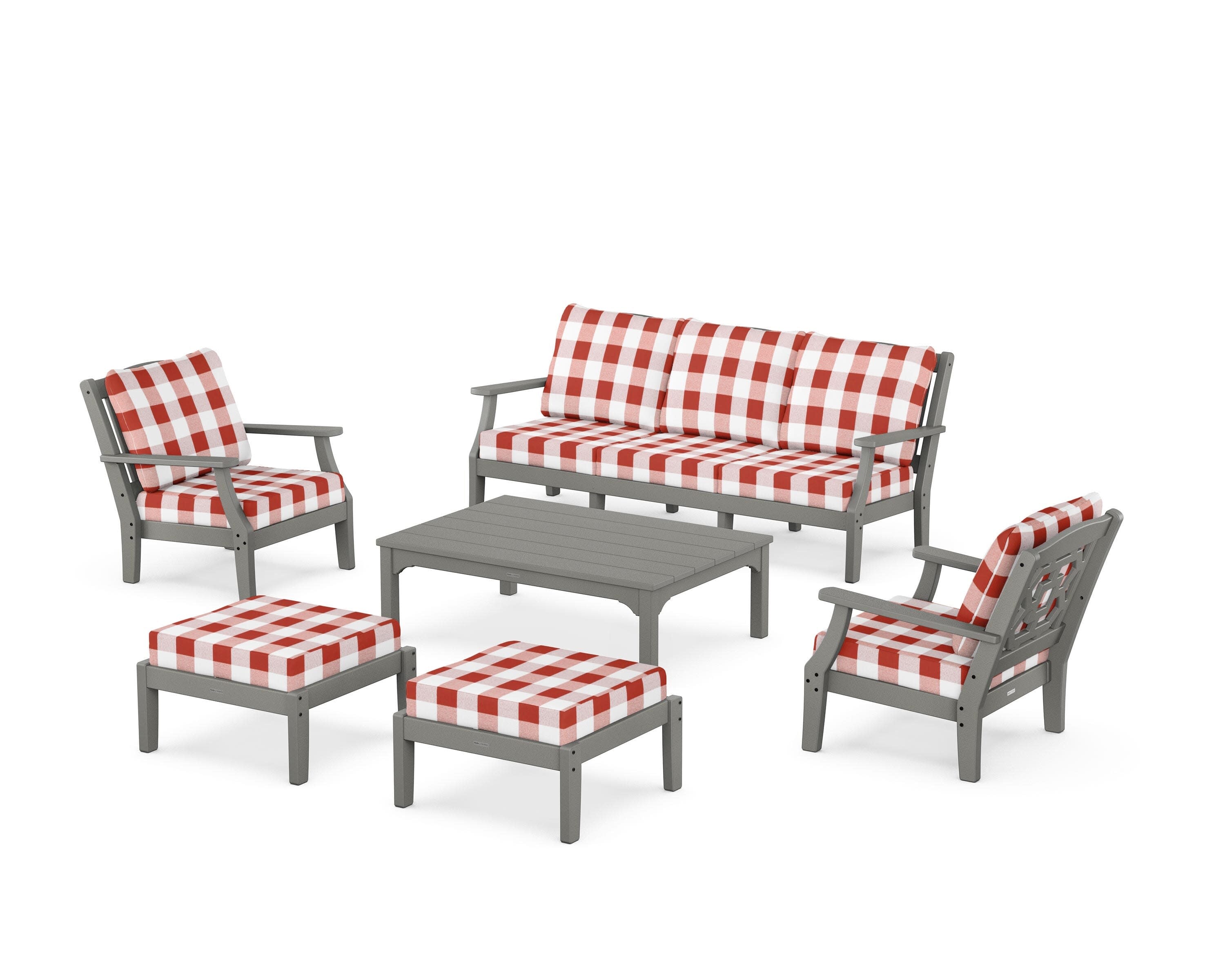 Chinoiserie 6-Piece Lounge Sofa Set in Slate Grey / Buffalo Plaid Crimson
