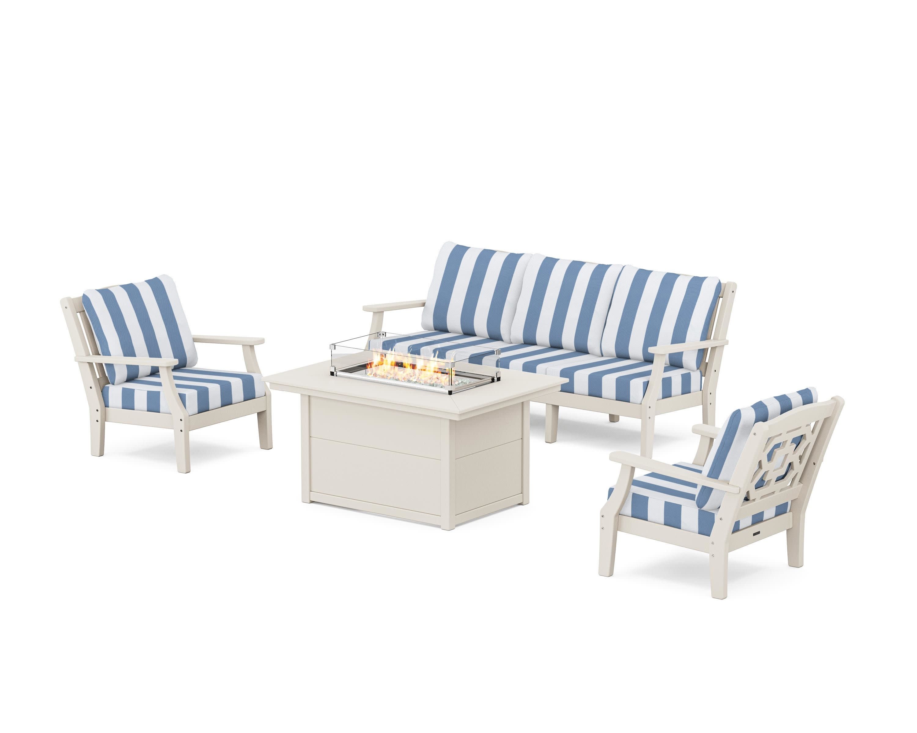 Chinoiserie Deep Seating Fire Pit Table Set in Sand / Cabana Stripe Sky Blue
