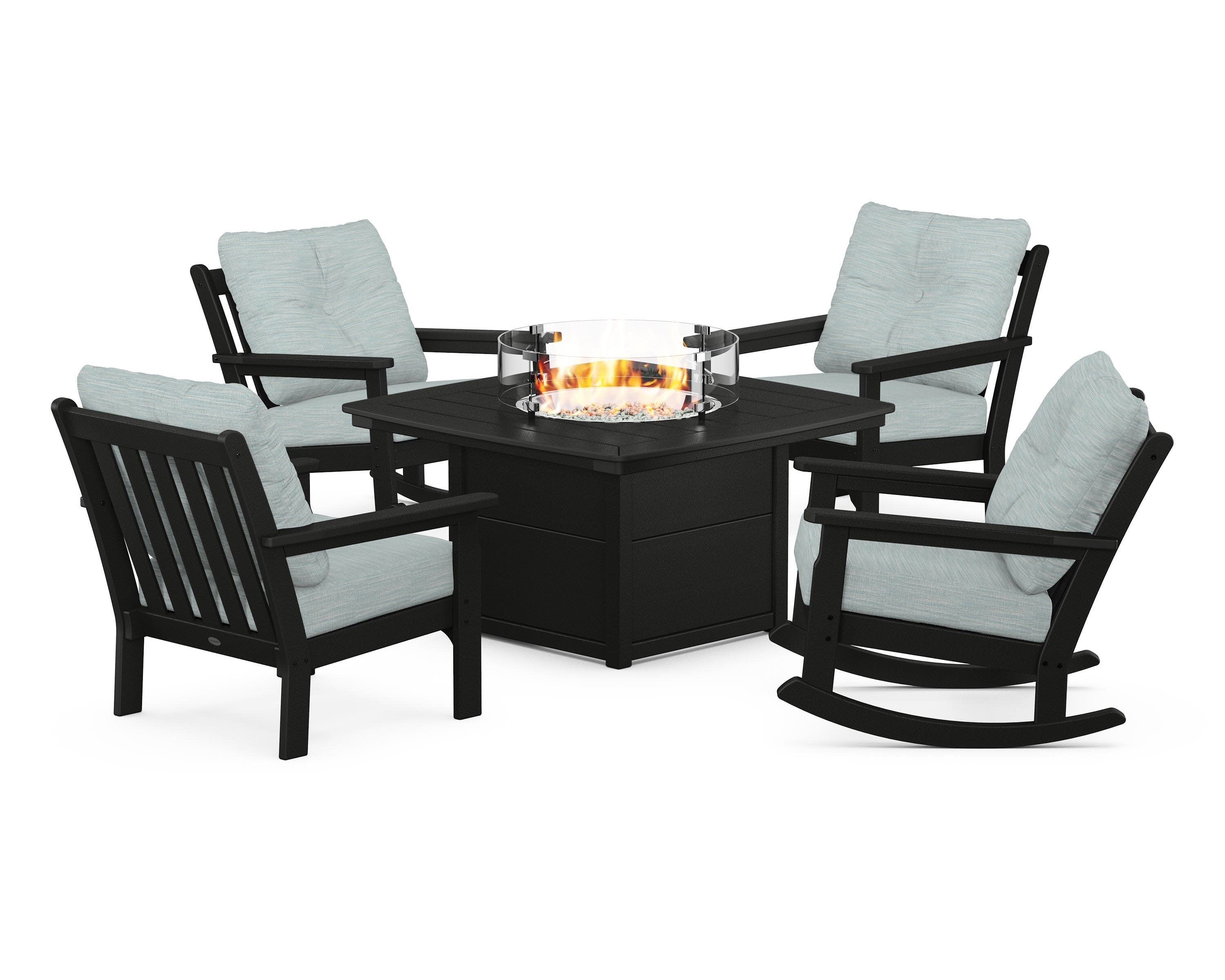 Vineyard 5-Piece Deep Seating Rocking Chair Conversation Set with Fire Pit Table in Black / Soothe Mist