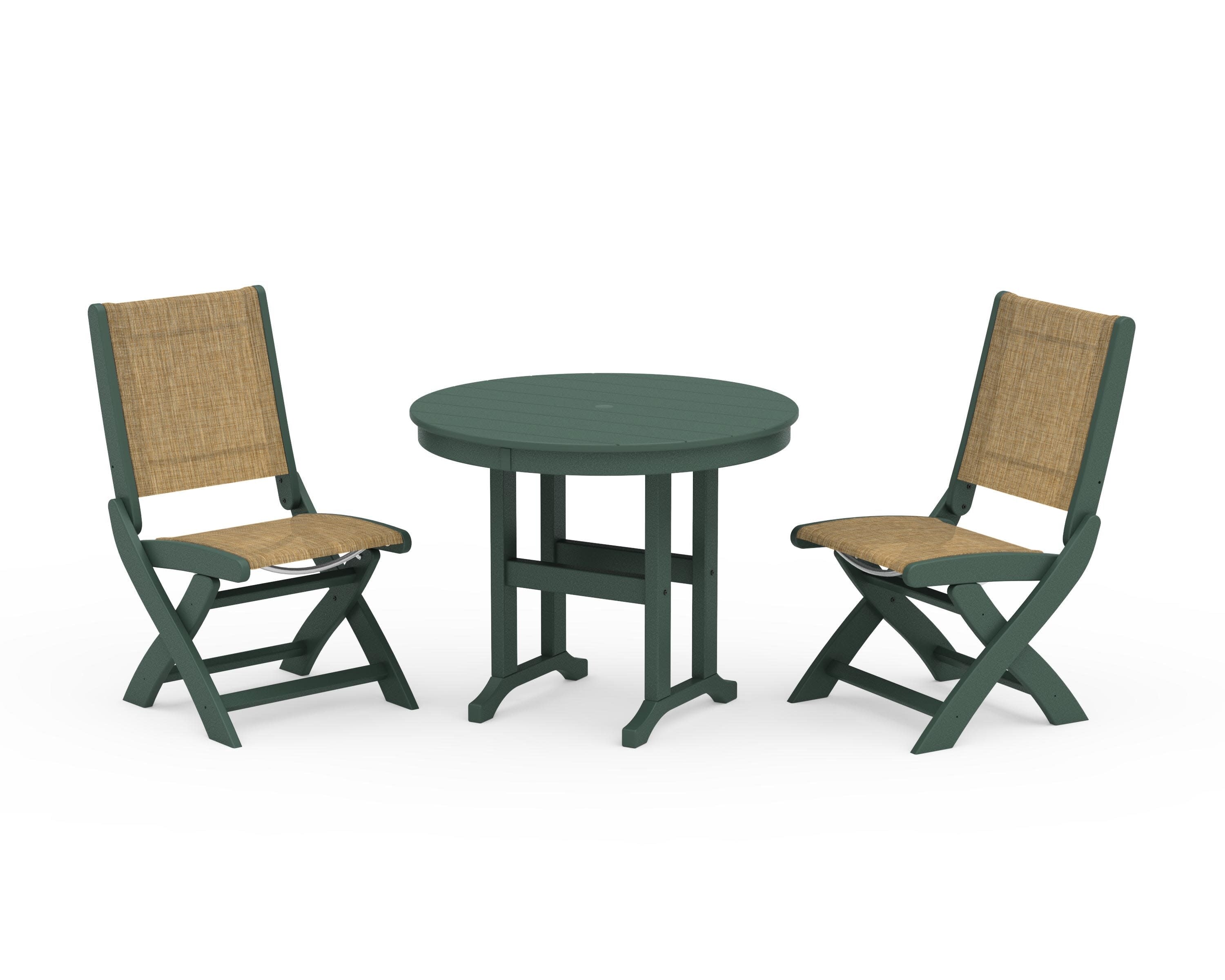 Coastal Folding Side Chair 3-Piece Round Dining Set in Green / Burlap Sling