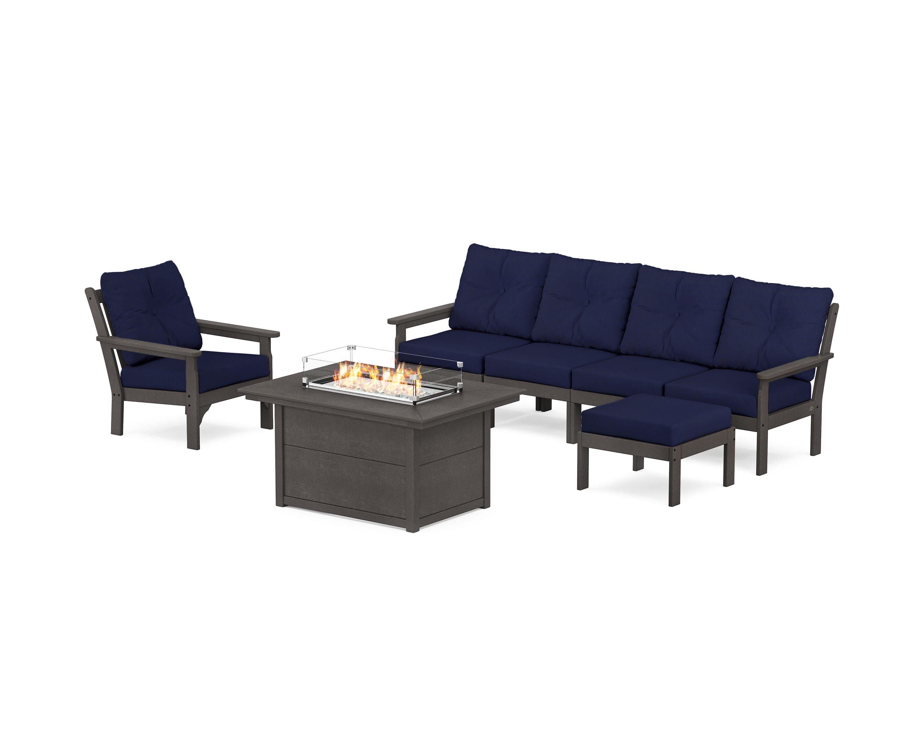 Vineyard Sectional Lounge and Fire Pit Set in Vintage Coffee / Navy
