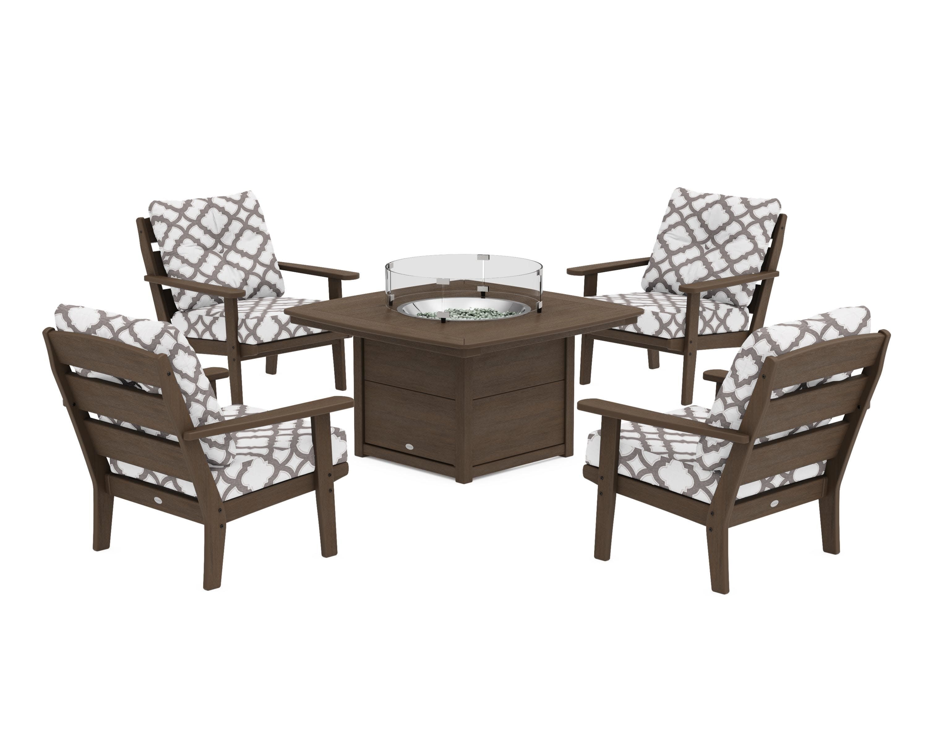 Lakeside 5-Piece Deep Seating Set with Nautical Fire Pit Table in Kona / Trellis Grey Mist