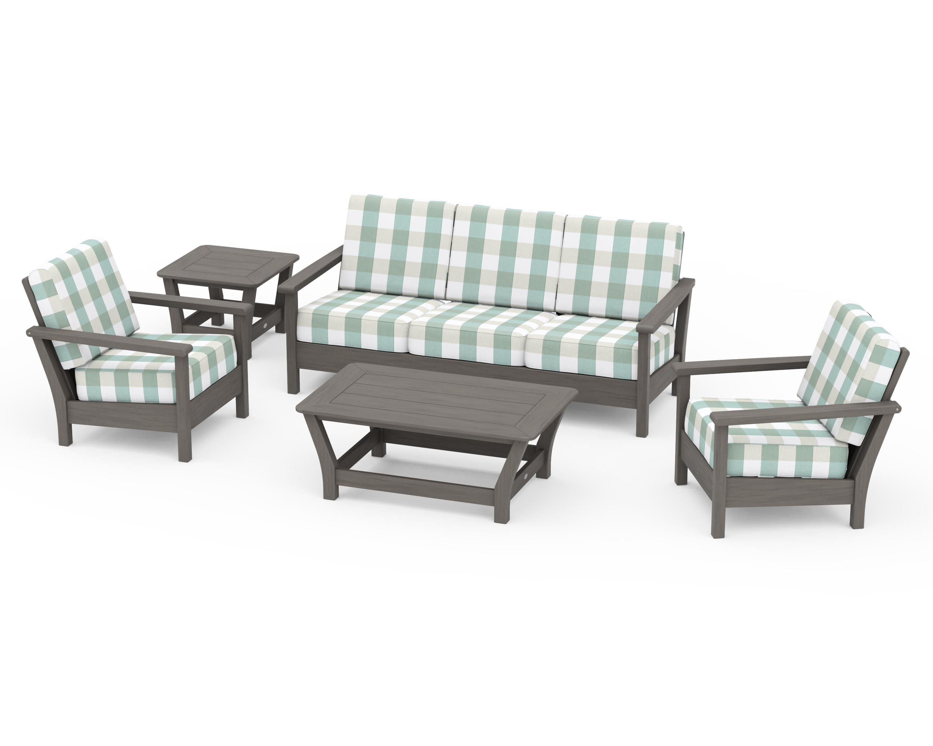 Harbour 5-Piece Deep Seating Set in Driftwood / Buffalo Plaid Glacier Spa