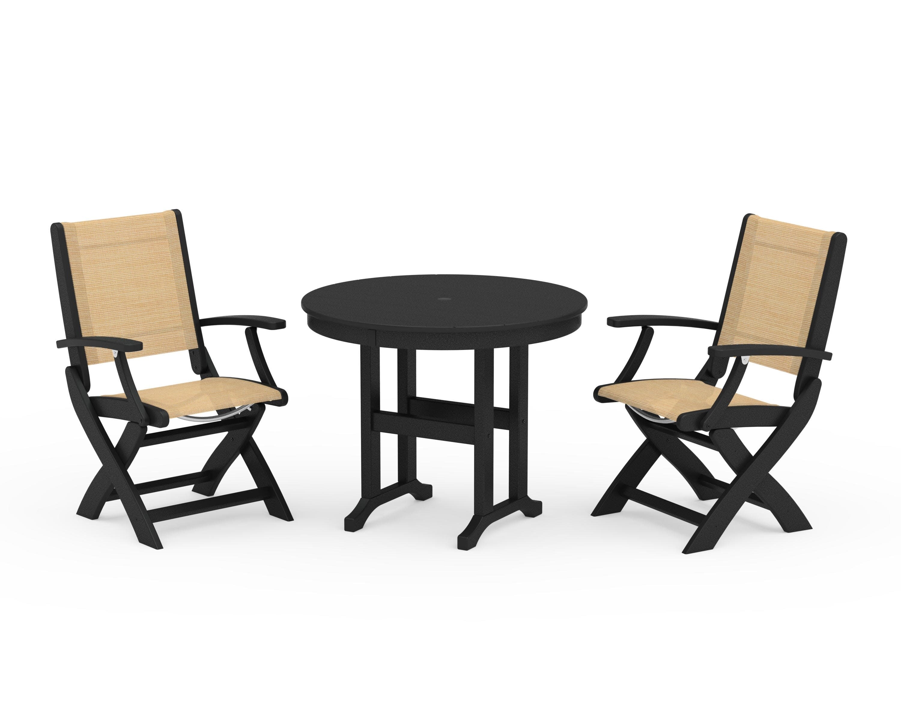 Coastal Folding Chair 3-Piece Round Dining Set in Black / Dupioni Apricot Sling