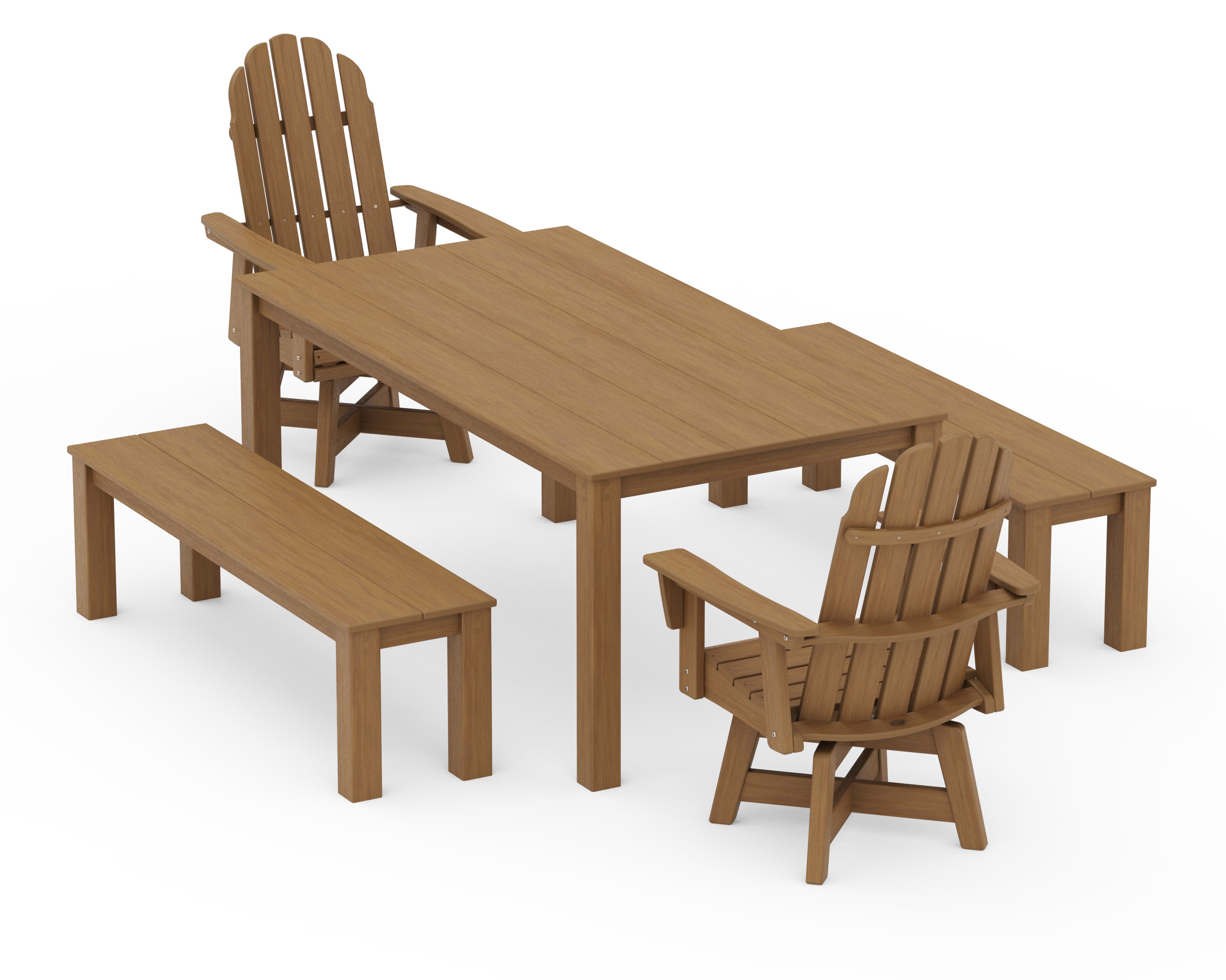 Vineyard Curveback Adirondack 5-Piece Parsons Swivel Dining Set with Benches in Natural
