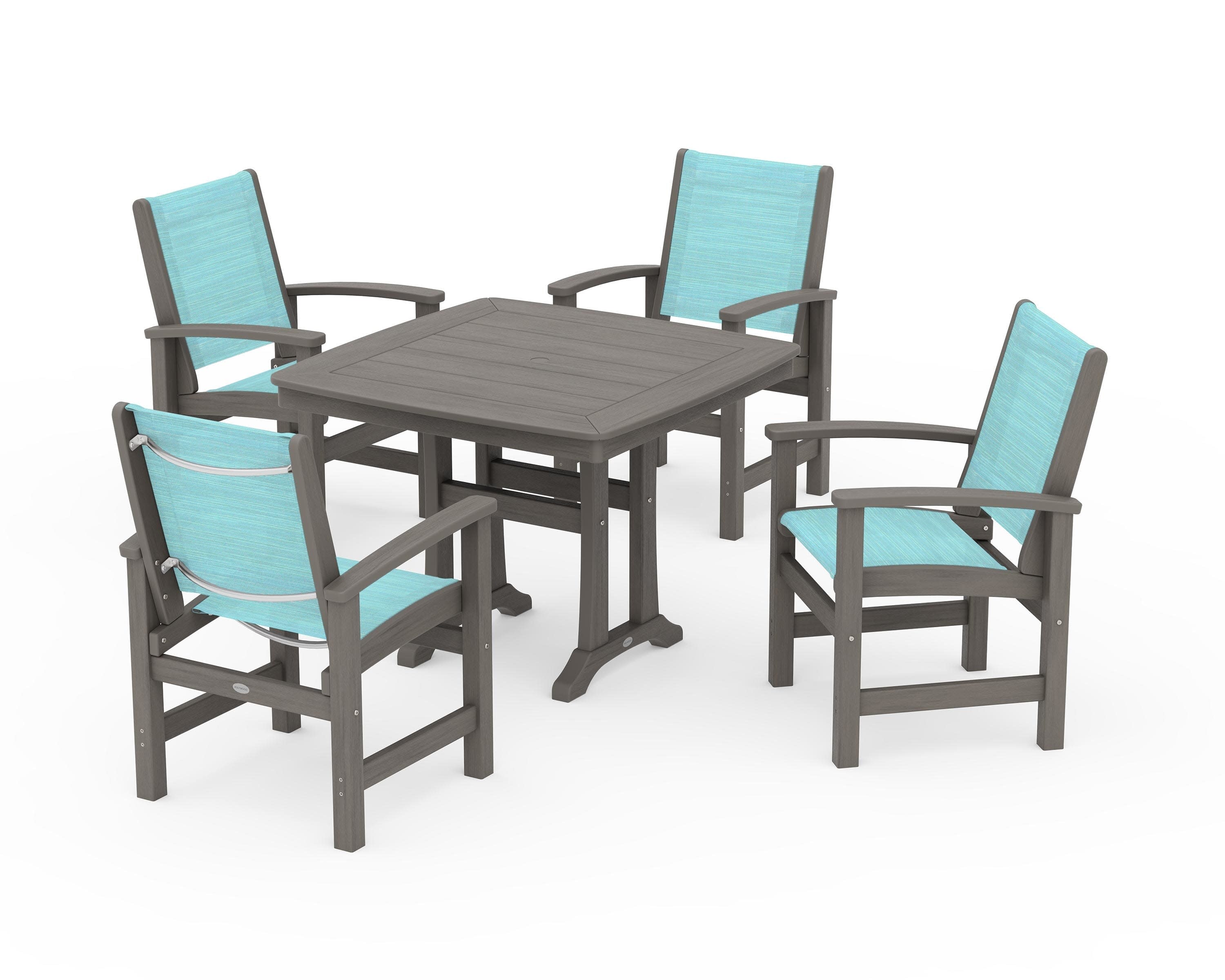 Coastal 5-Piece Dining Set with Trestle Legs in Driftwood / Dupioni Aquamarine Sling