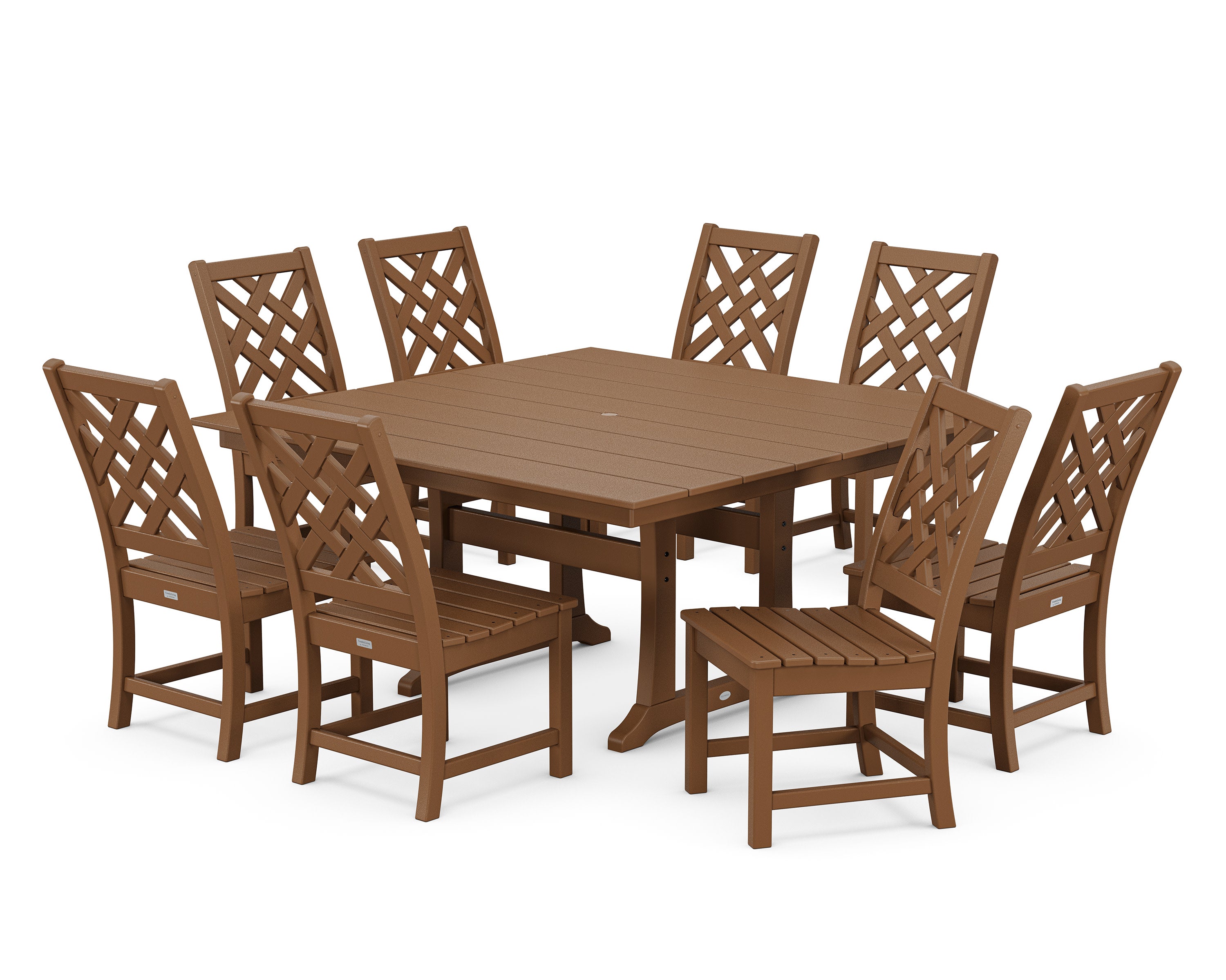 Wovendale Side Chair 9-Piece Square Farmhouse Dining Set with Trestle Legs in Teak