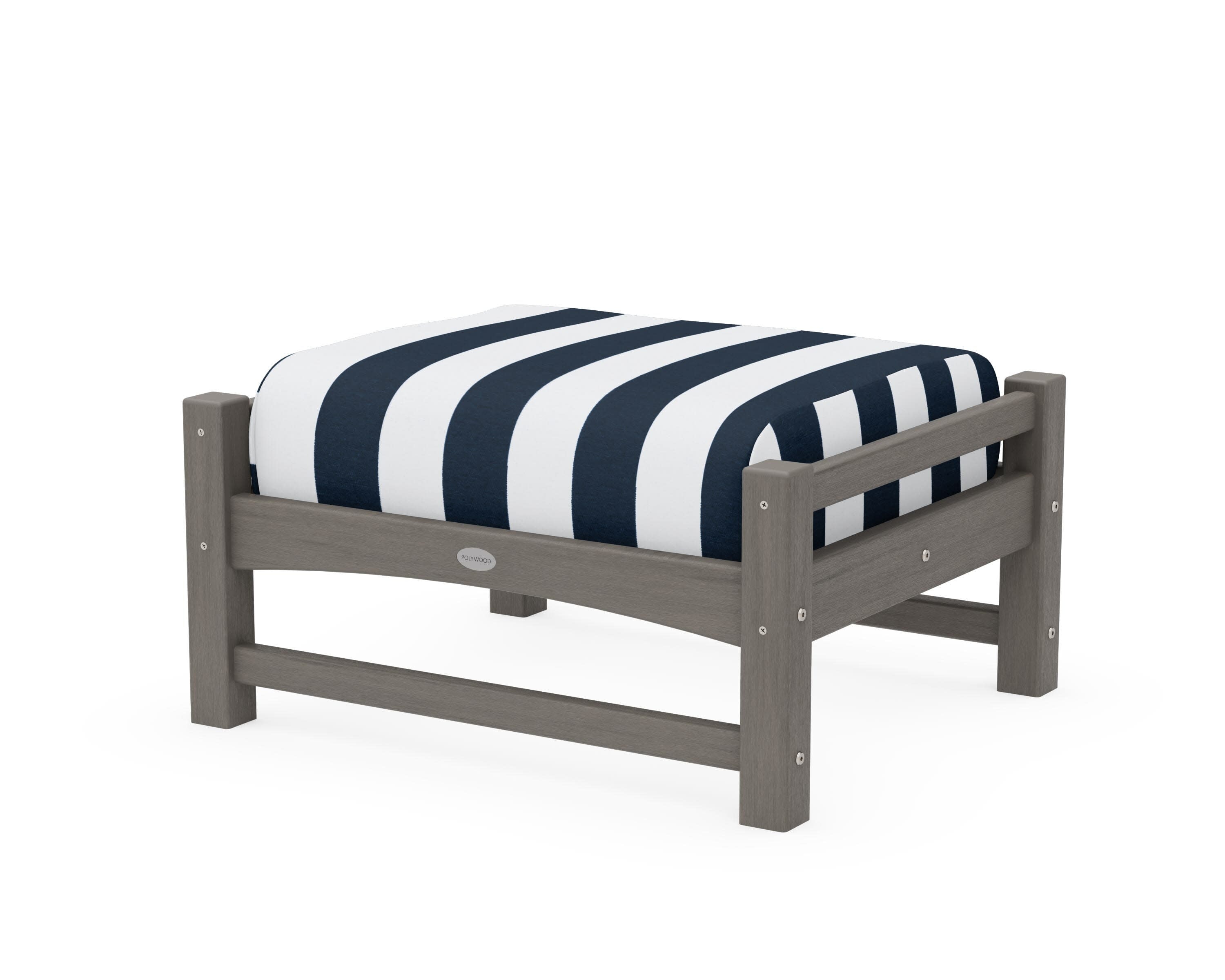 Club Ottoman in Driftwood / Cabana Stripe Marine Indigo