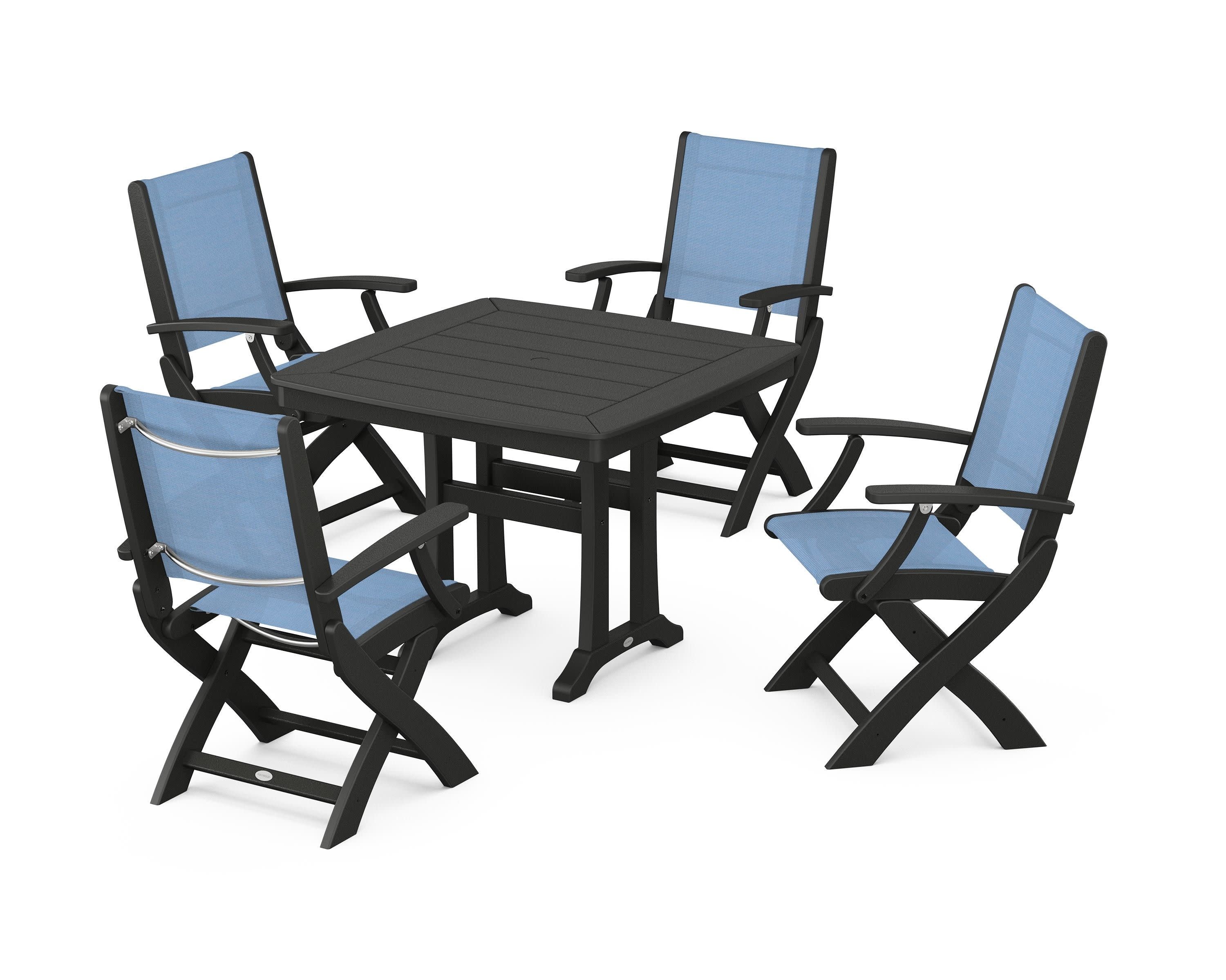 Coastal Folding Chair 5-Piece Dining Set with Trestle Legs in Black / Poolside Sling