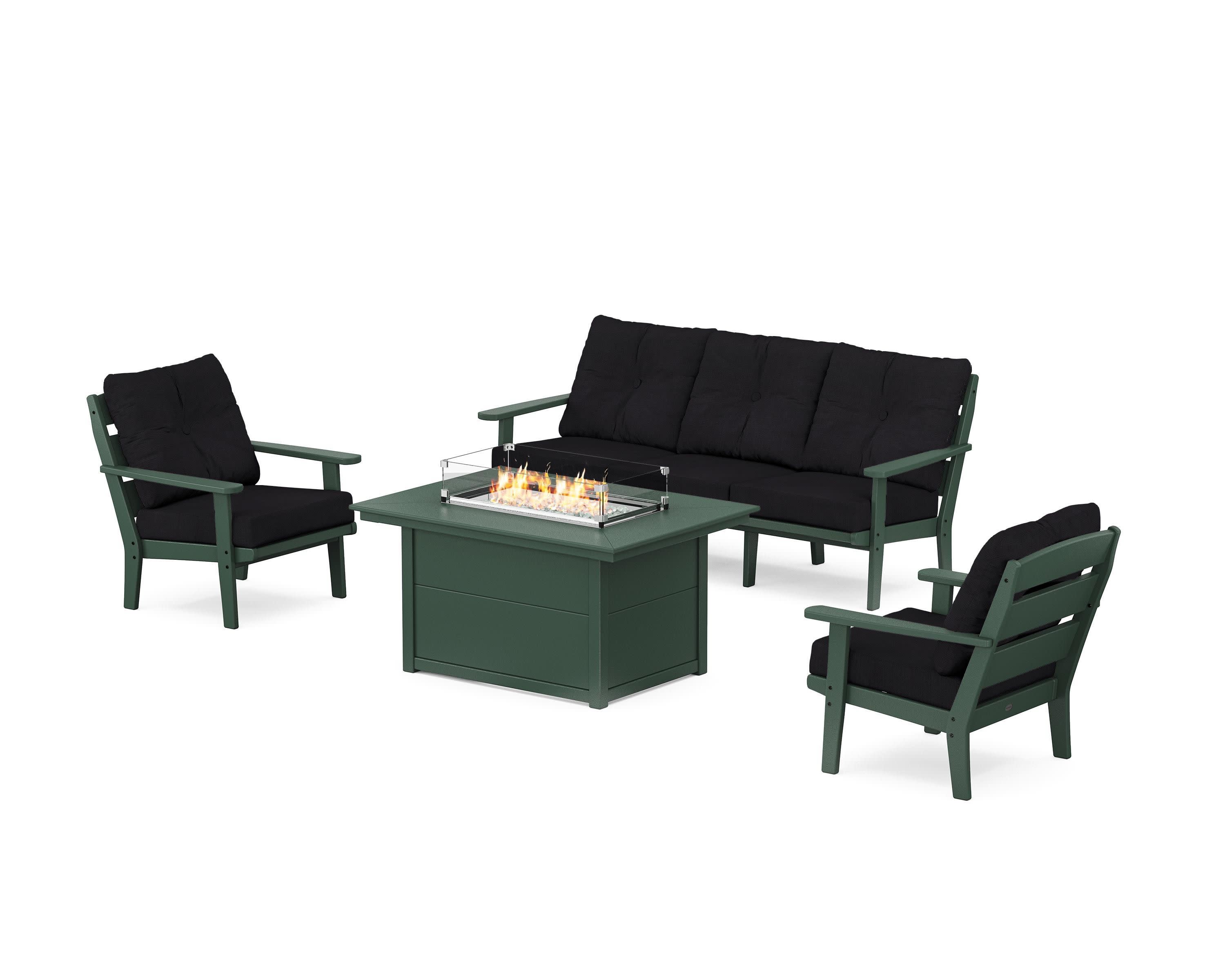 Lakeside Deep Seating Fire Pit Table Set in Green / Midnight Linen
