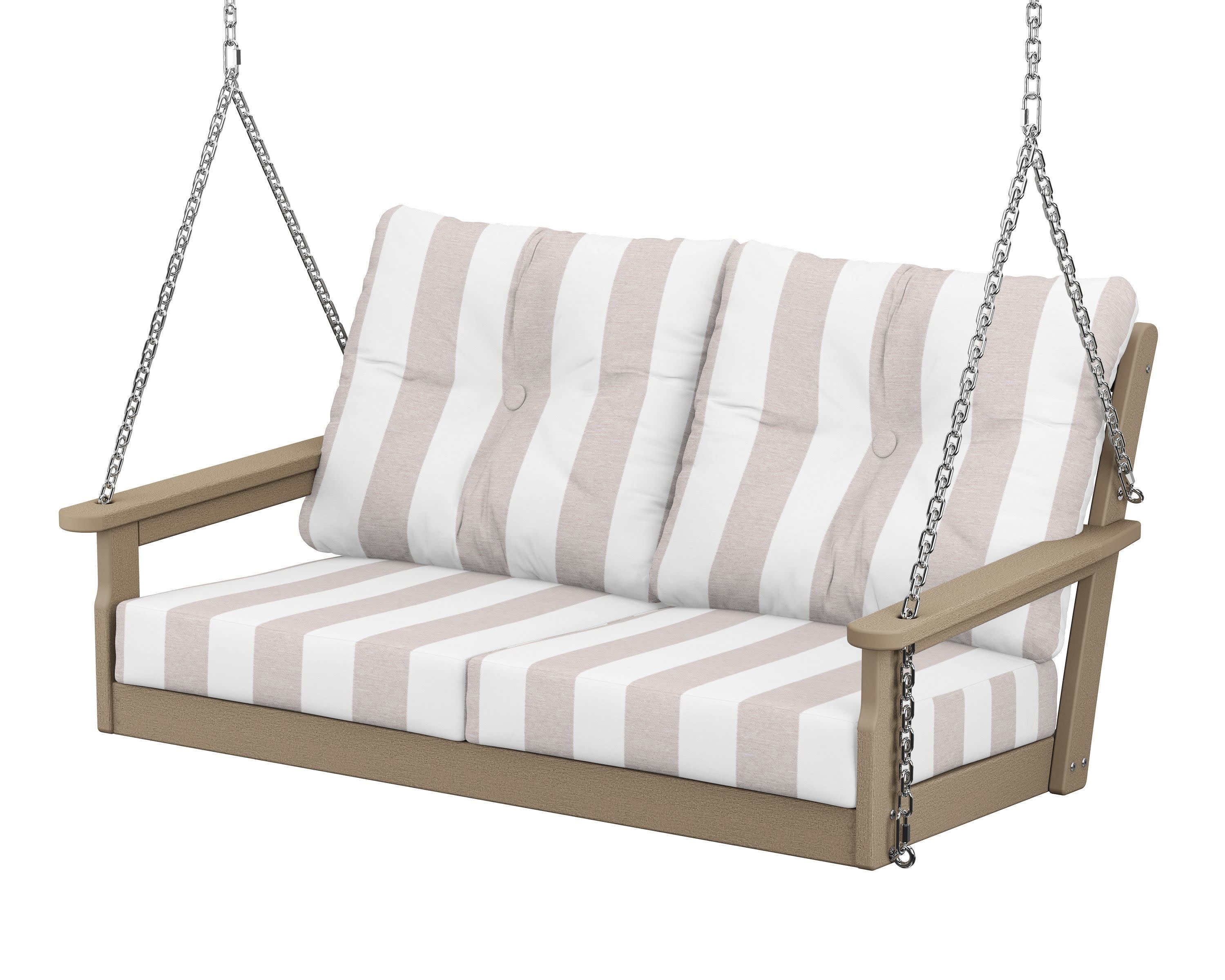 Vineyard Deep Seating Swing in Vintage Sahara / Cabana Stripe Dune Burlap