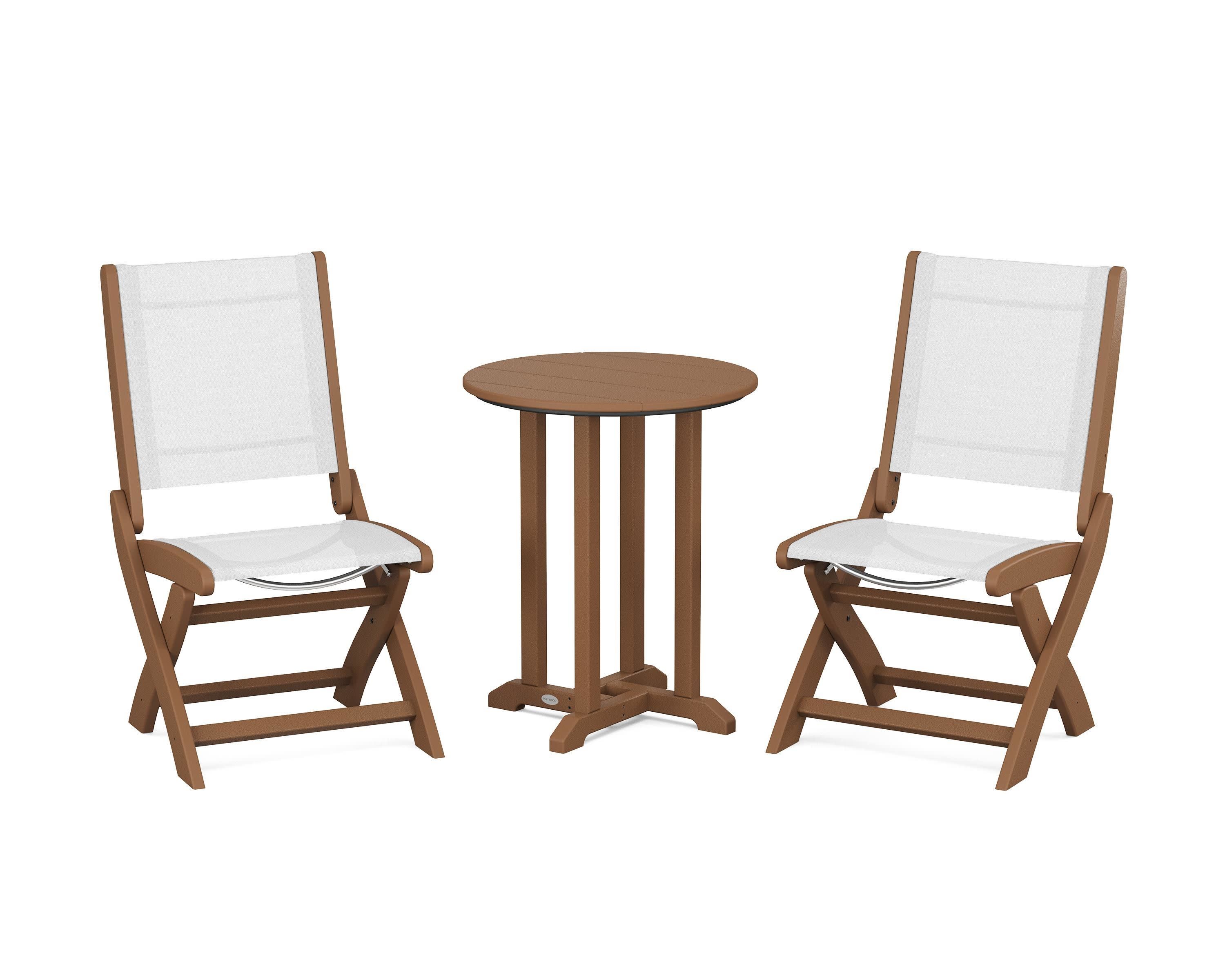 Coastal Folding Side Chair 3-Piece Round Bistro Dining Set in Teak / White Sling