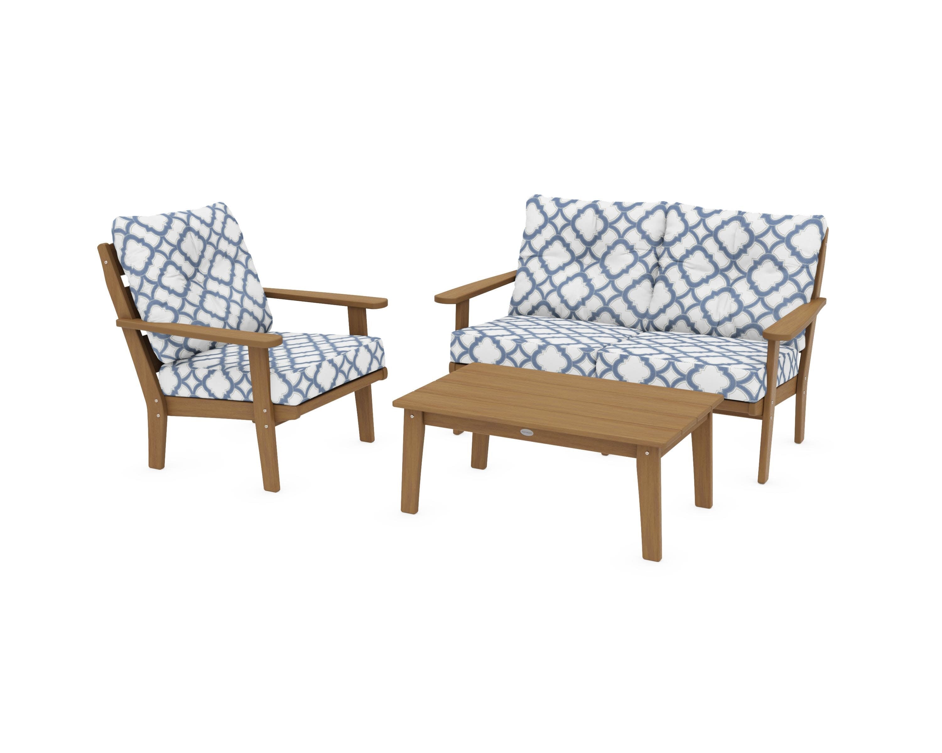 Lakeside 3-Piece Deep Seating Set in Natural / Trellis Sky Blue