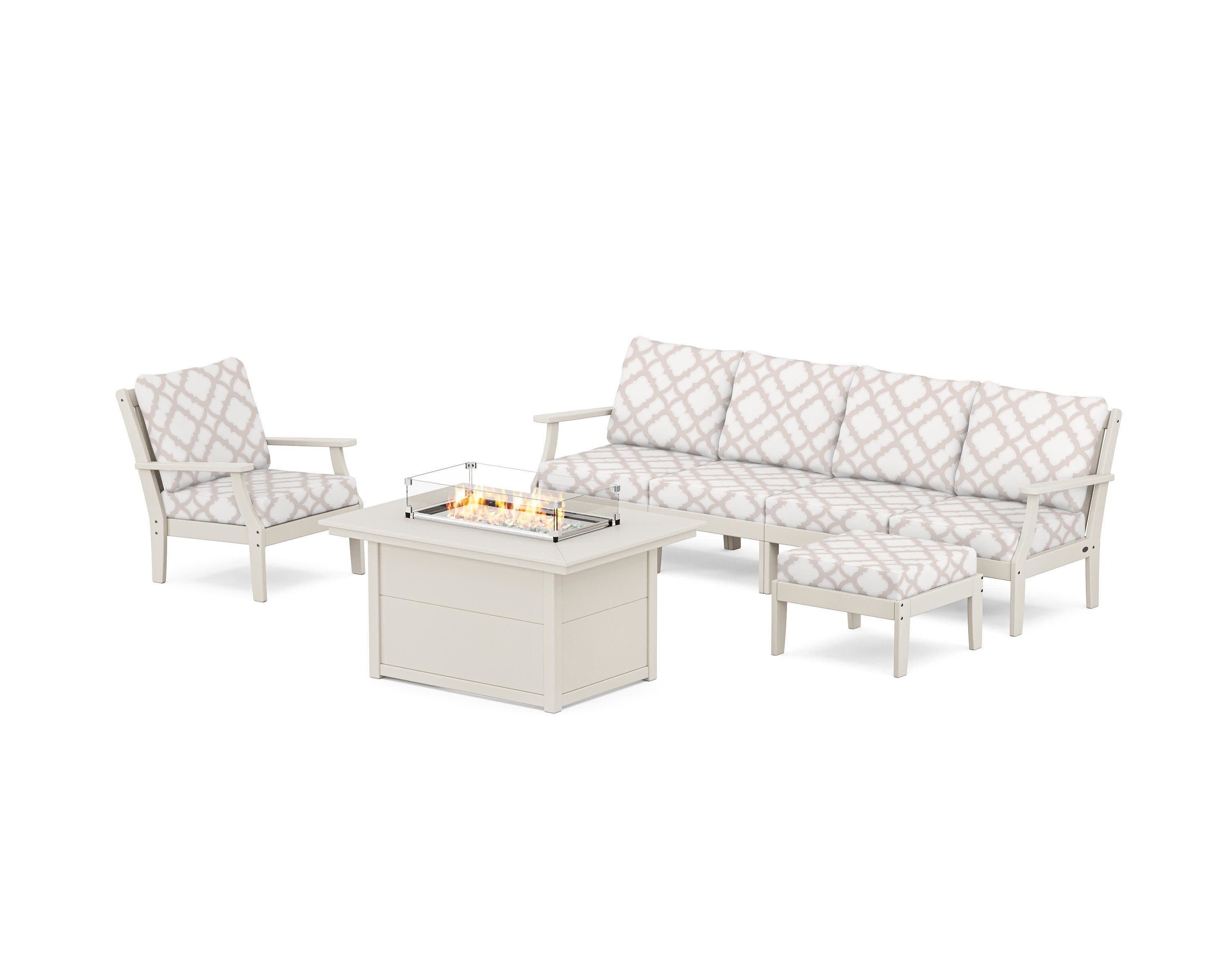Braxton Sectional Lounge and Fire Pit Set in Sand / Trellis Dune Burlap