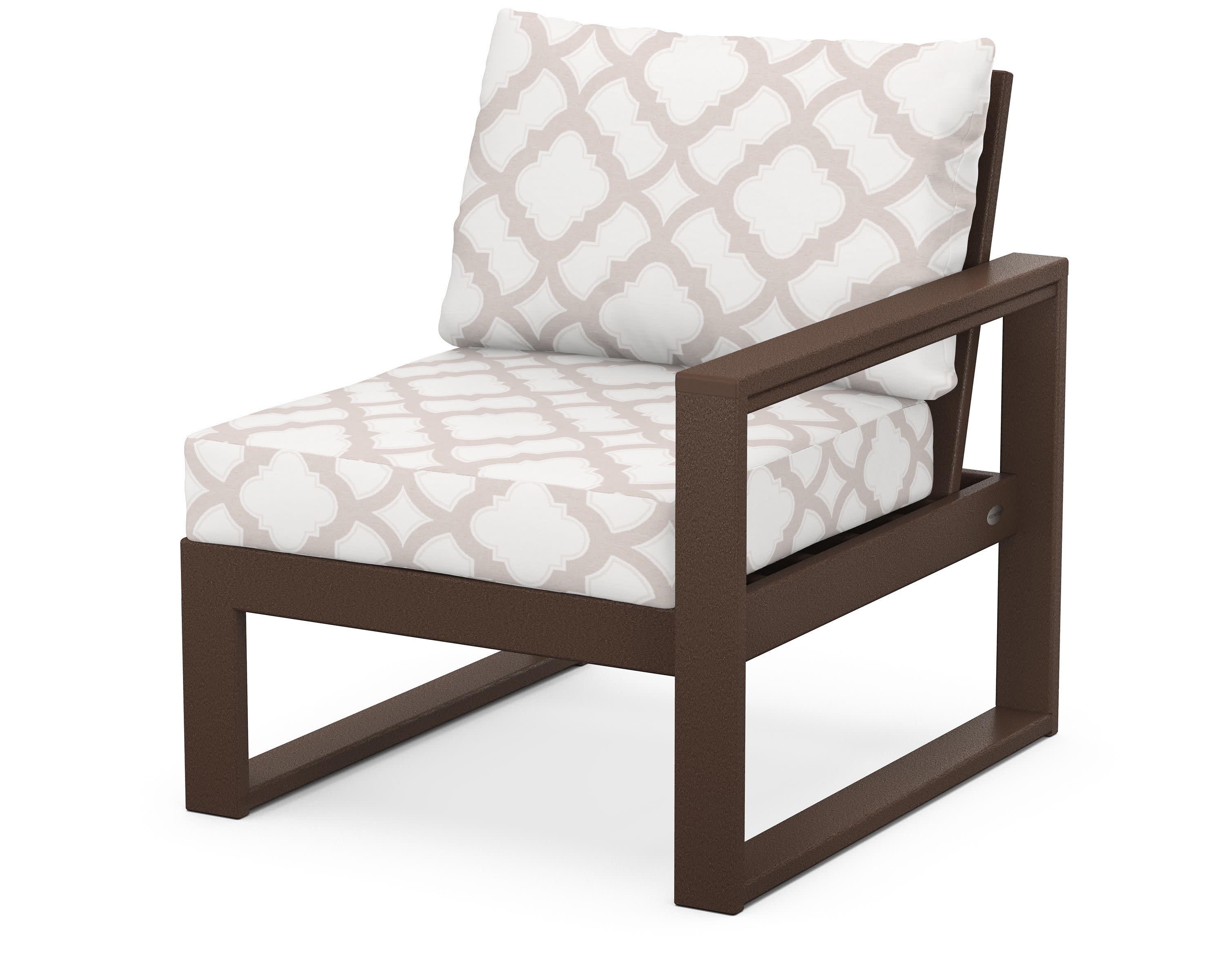 EDGE Modular Right Arm Chair in Mahogany / Trellis Dune Burlap