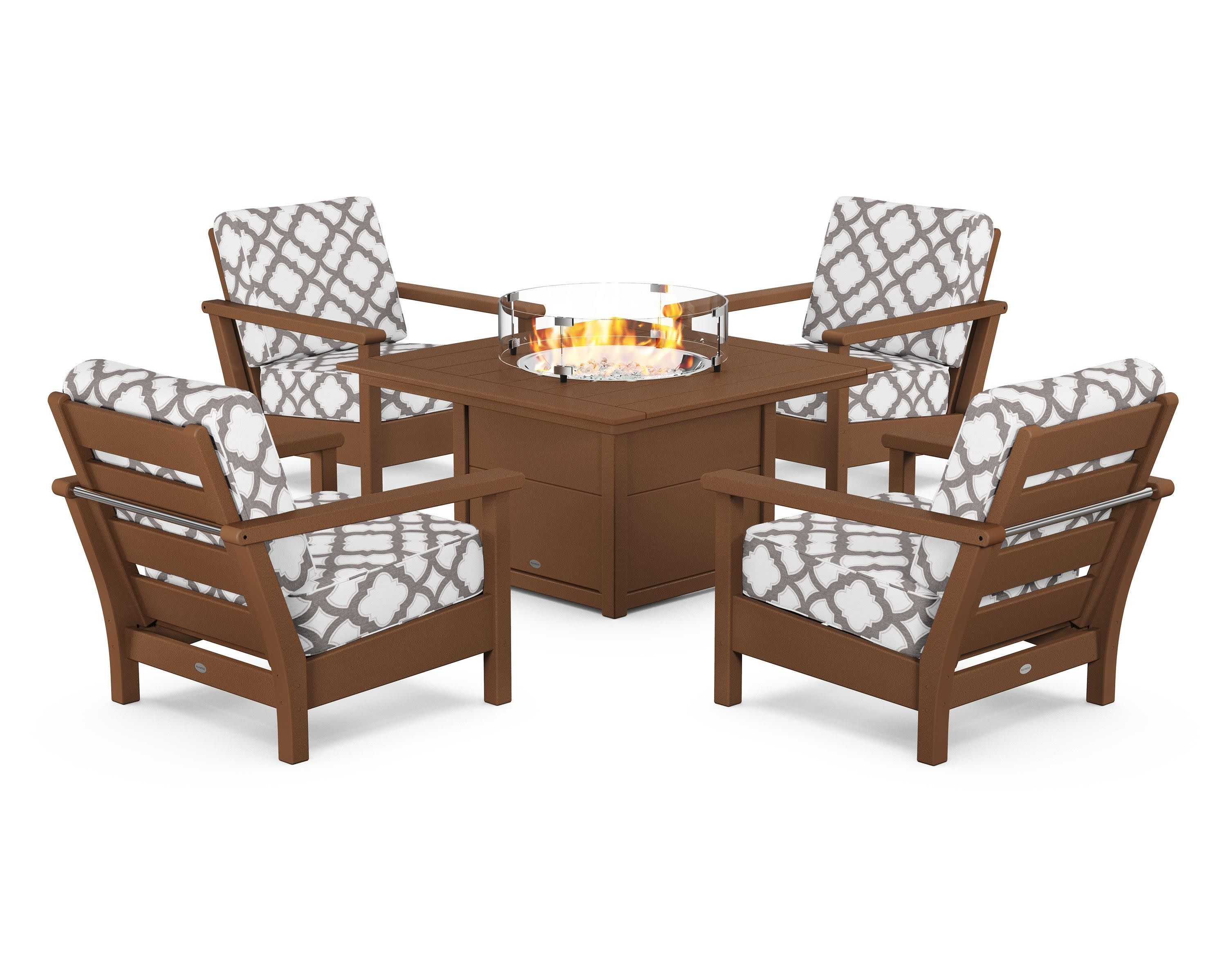 Harbour 5-Piece Conversation Set with Fire Pit Table in Teak / Trellis Grey Mist