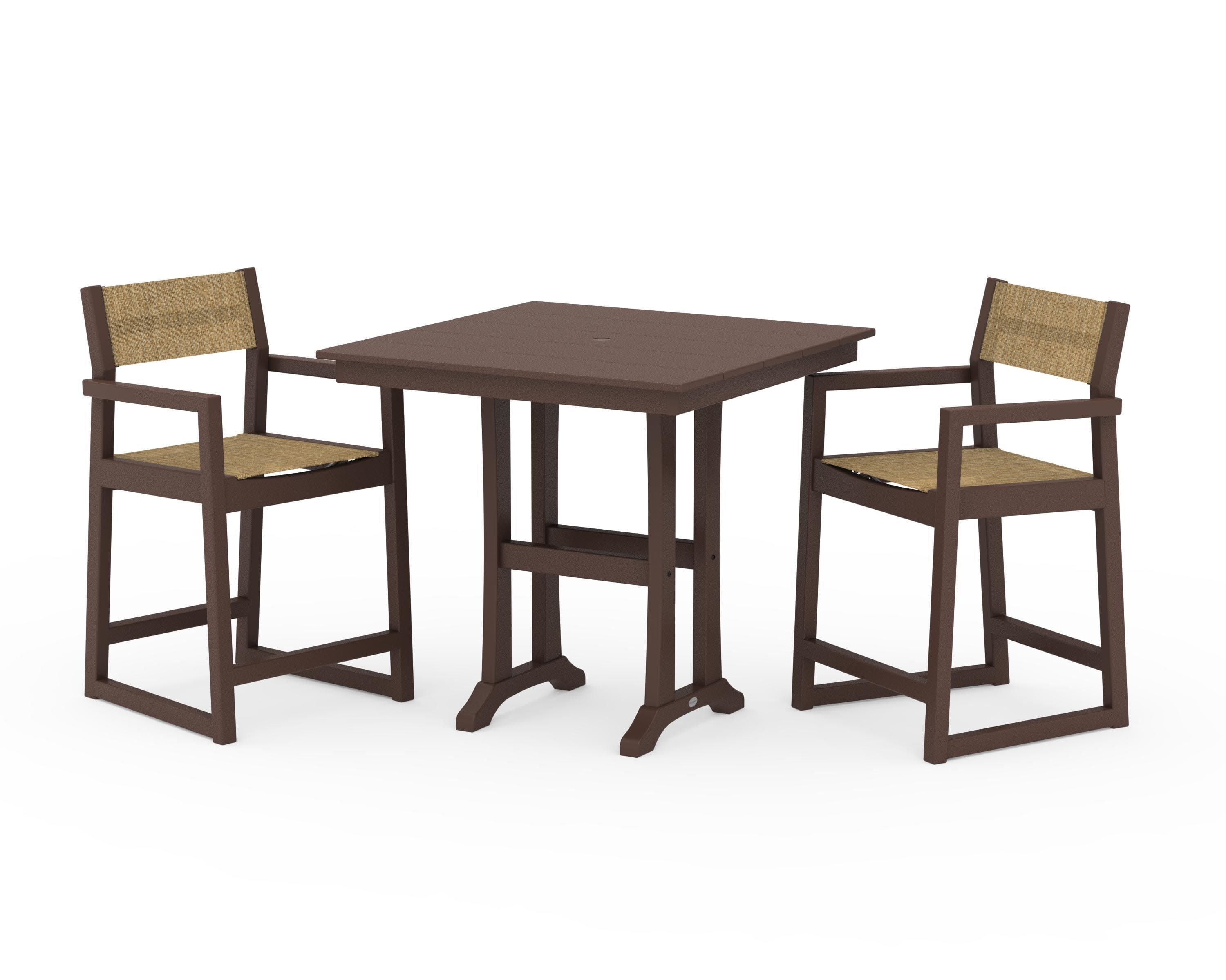 EDGE Sling Arm Chair 3-Piece Farmhouse Counter Set with Trestle Legs in Mahogany / Burlap Sling