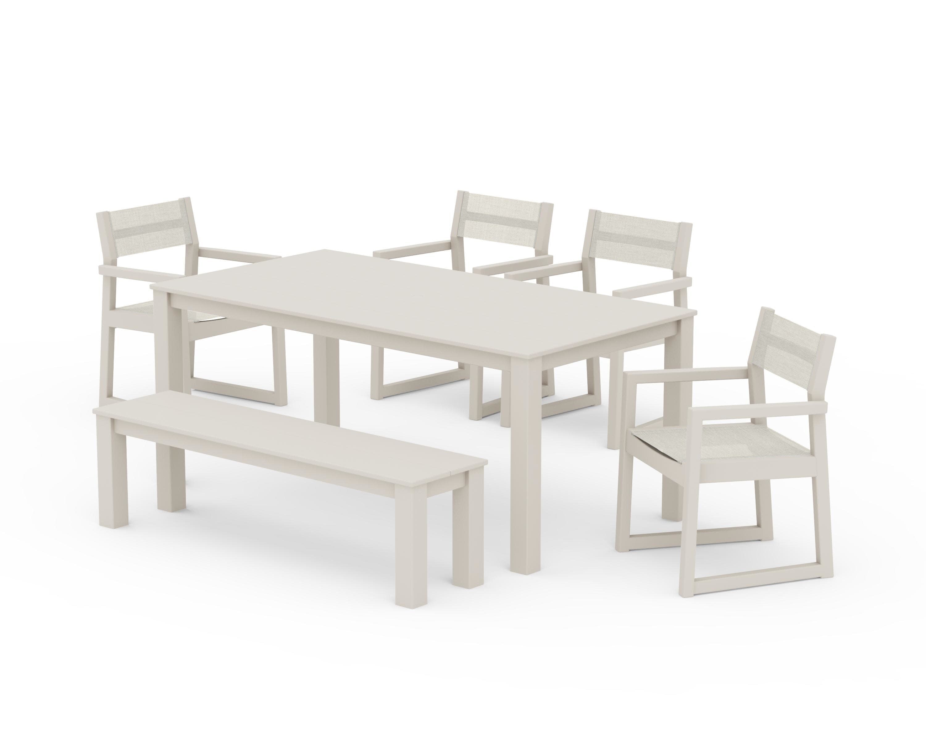 EDGE Sling Arm Chair 6-Piece Parsons Dining Set with Bench in Sand / Parchment Sling