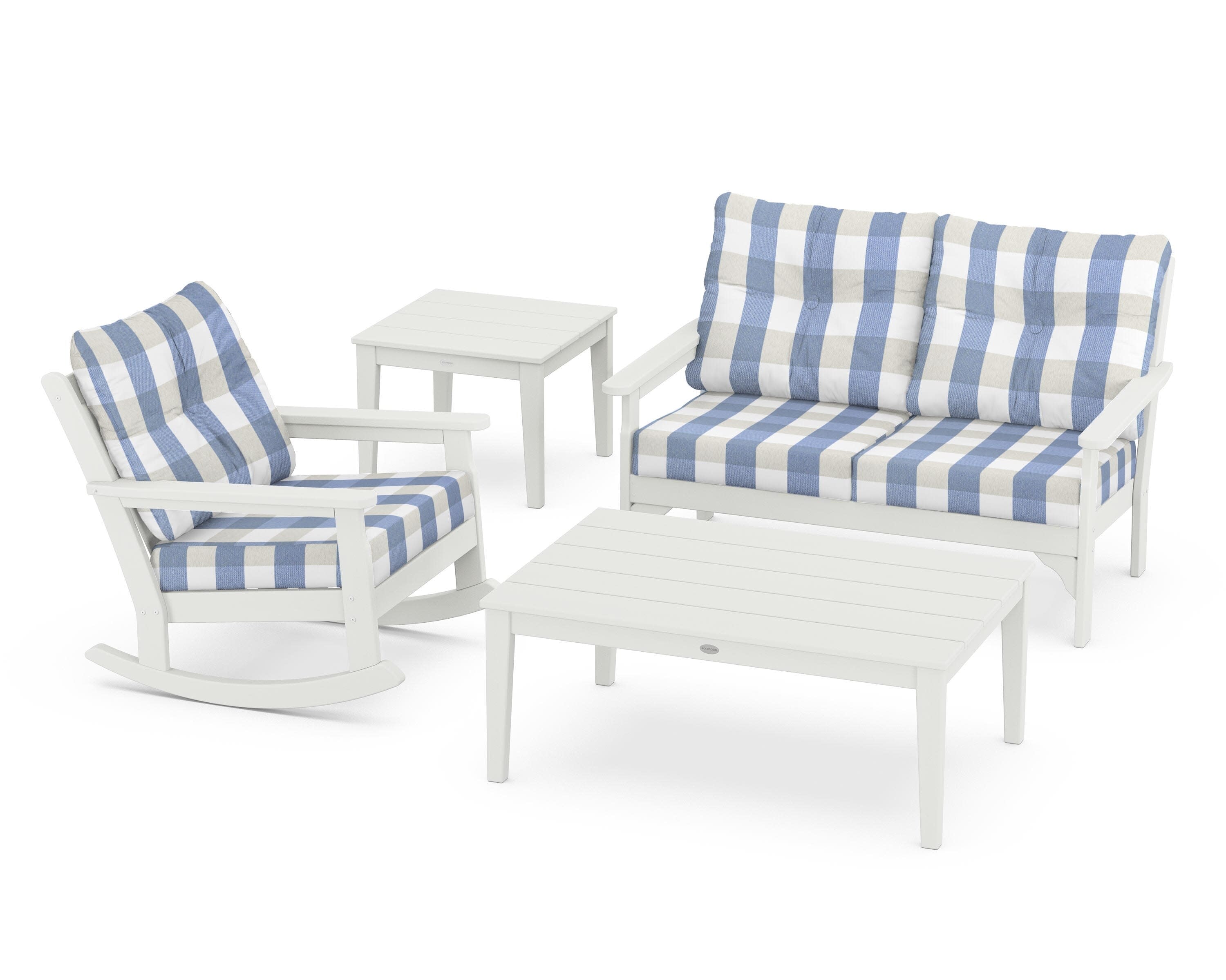 Vineyard 4-Piece Deep Seating Rocker Set in Vintage White / Buffalo Plaid Sky Blue