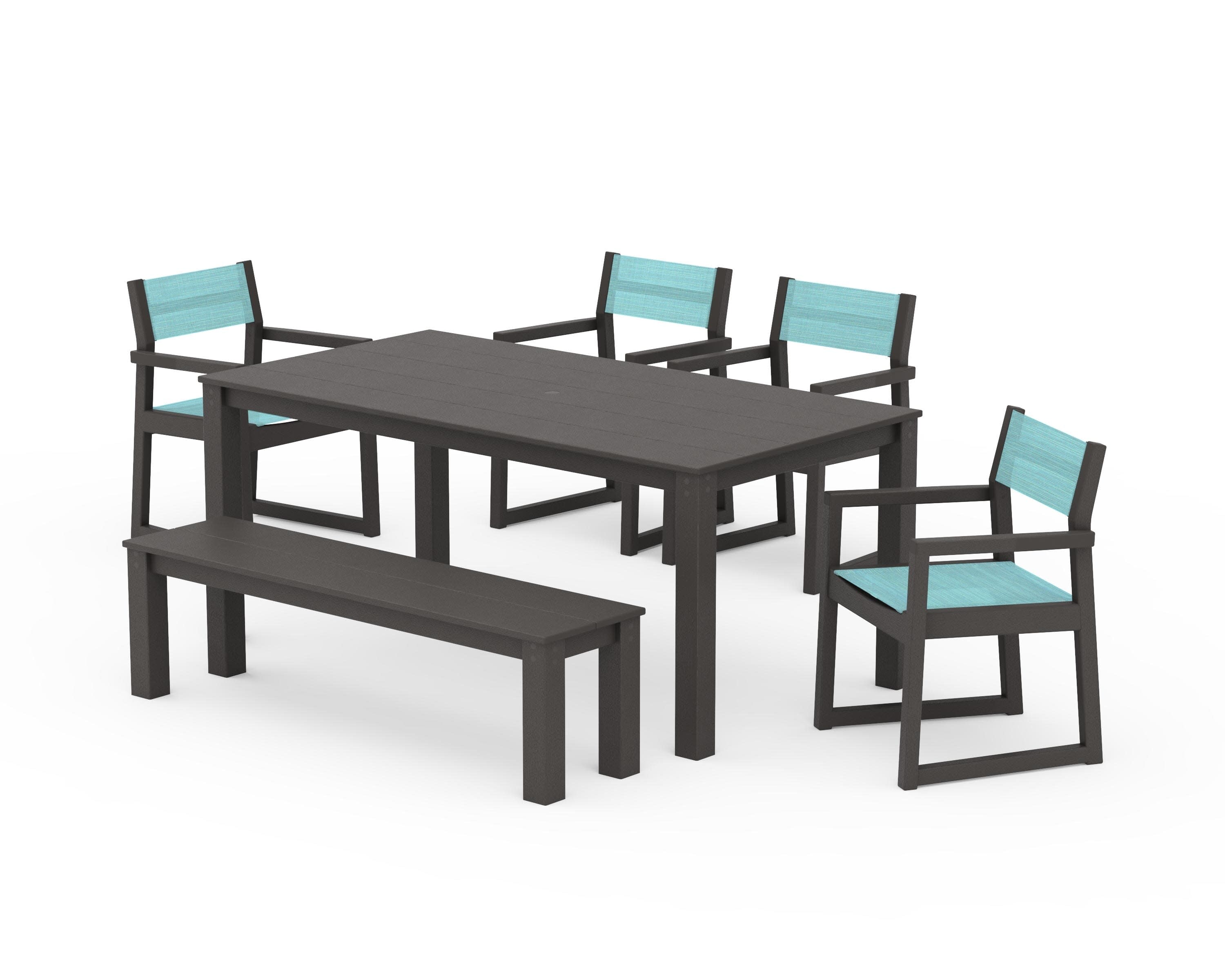 EDGE Sling Arm Chair 6-Piece Parsons Dining Set with Bench in Vintage Coffee / Dupioni Aquamarine Sling