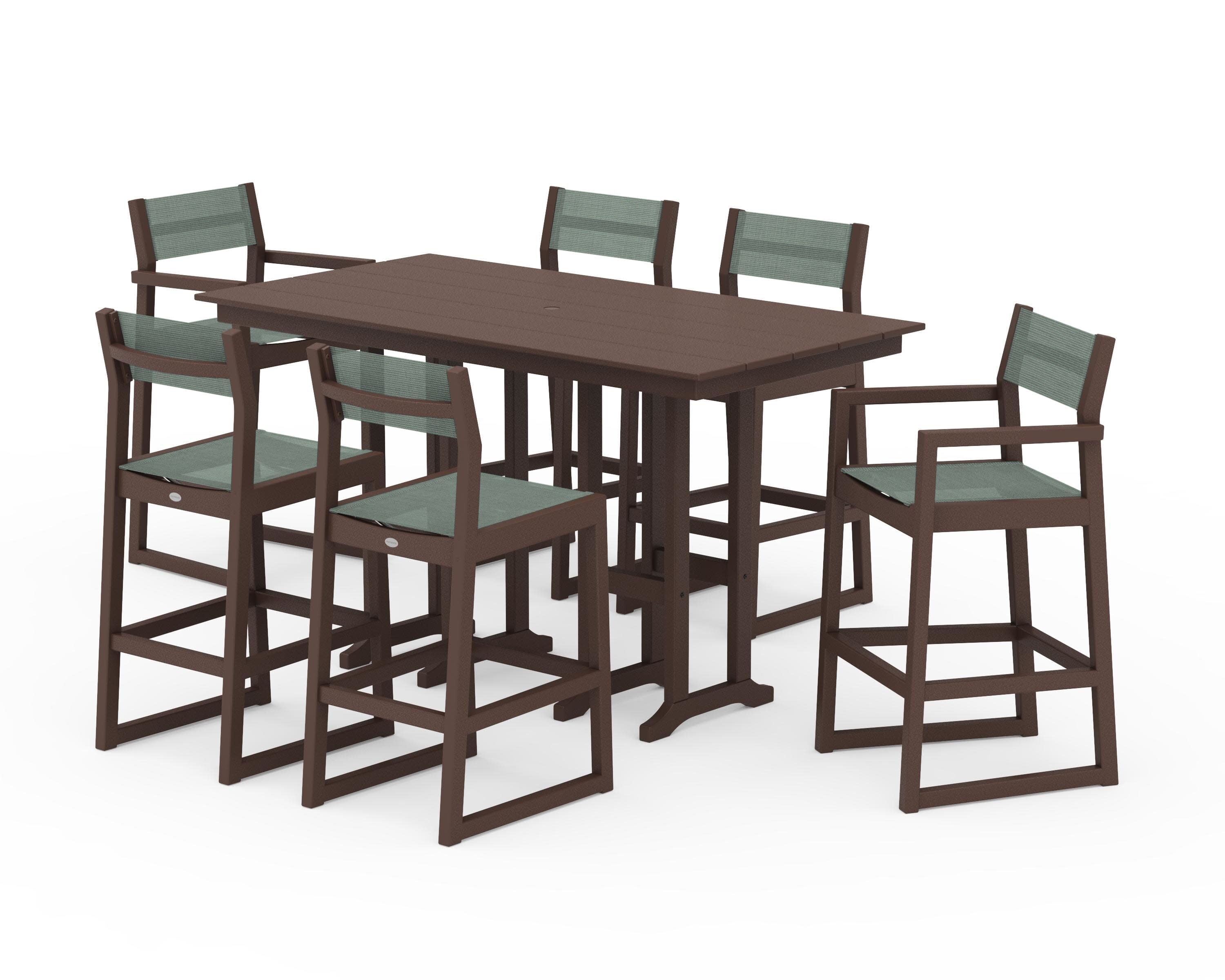 EDGE Sling 7-Piece Farmhouse Bar Set in Mahogany / Dupioni Sea Mist Sling