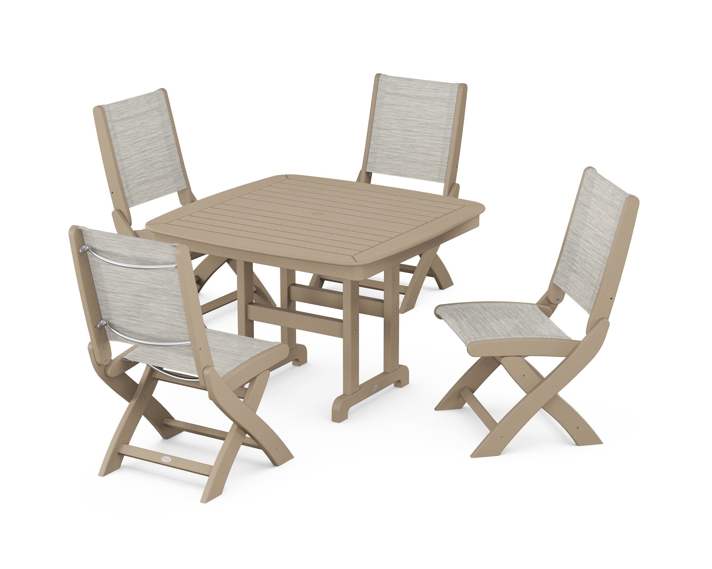 Coastal Folding Side Chair 5-Piece Dining Set in Vintage Sahara / Birch Sling