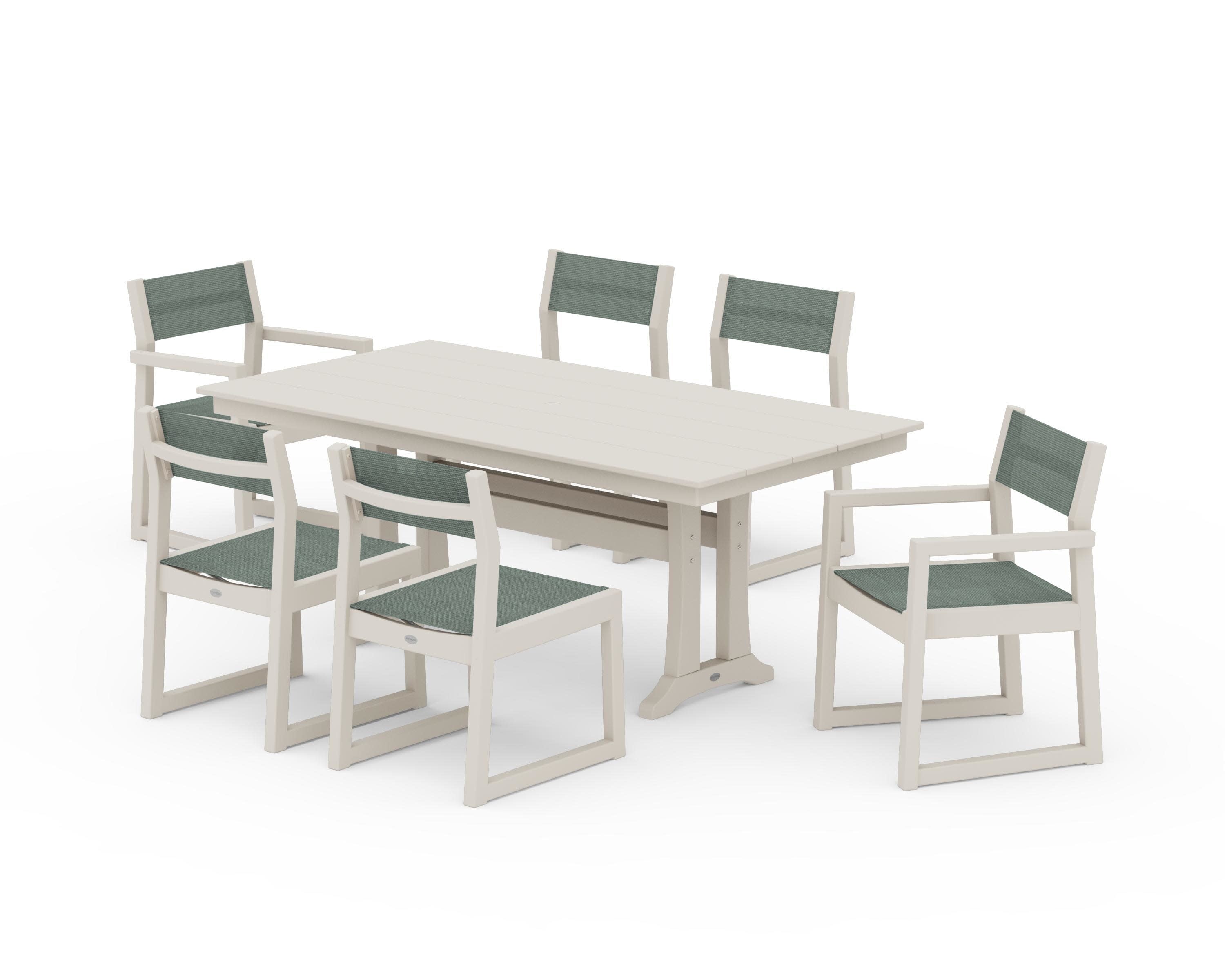 EDGE Sling 7-Piece Farmhouse Trestle Dining Set in Sand / Dupioni Sea Mist Sling