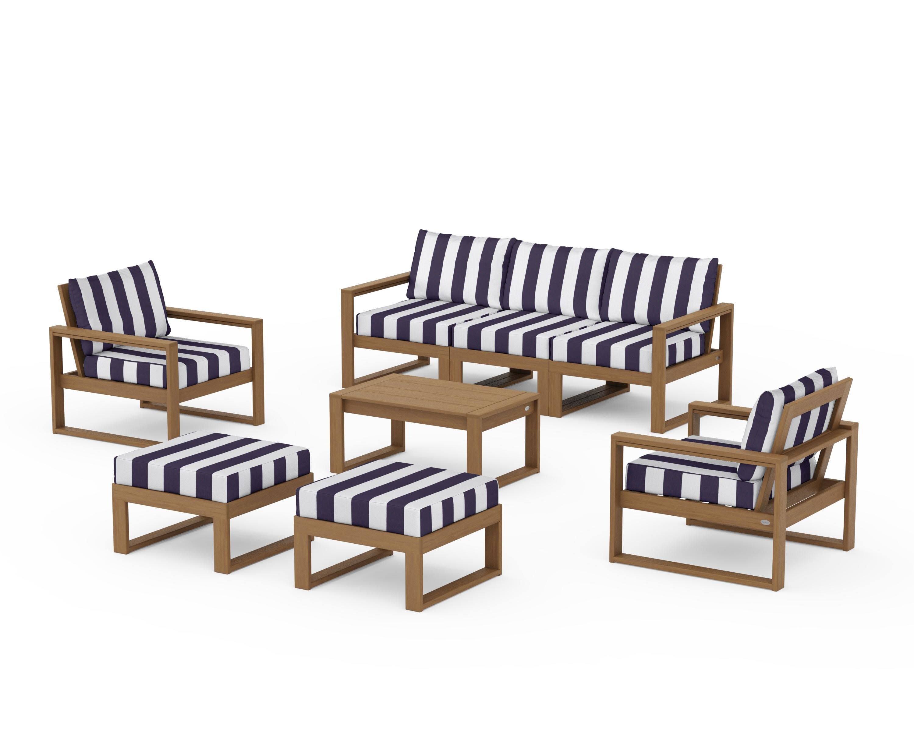 EDGE Sectional 8-Piece Lounge Sofa Set in Natural / Cabana Stripe Navy
