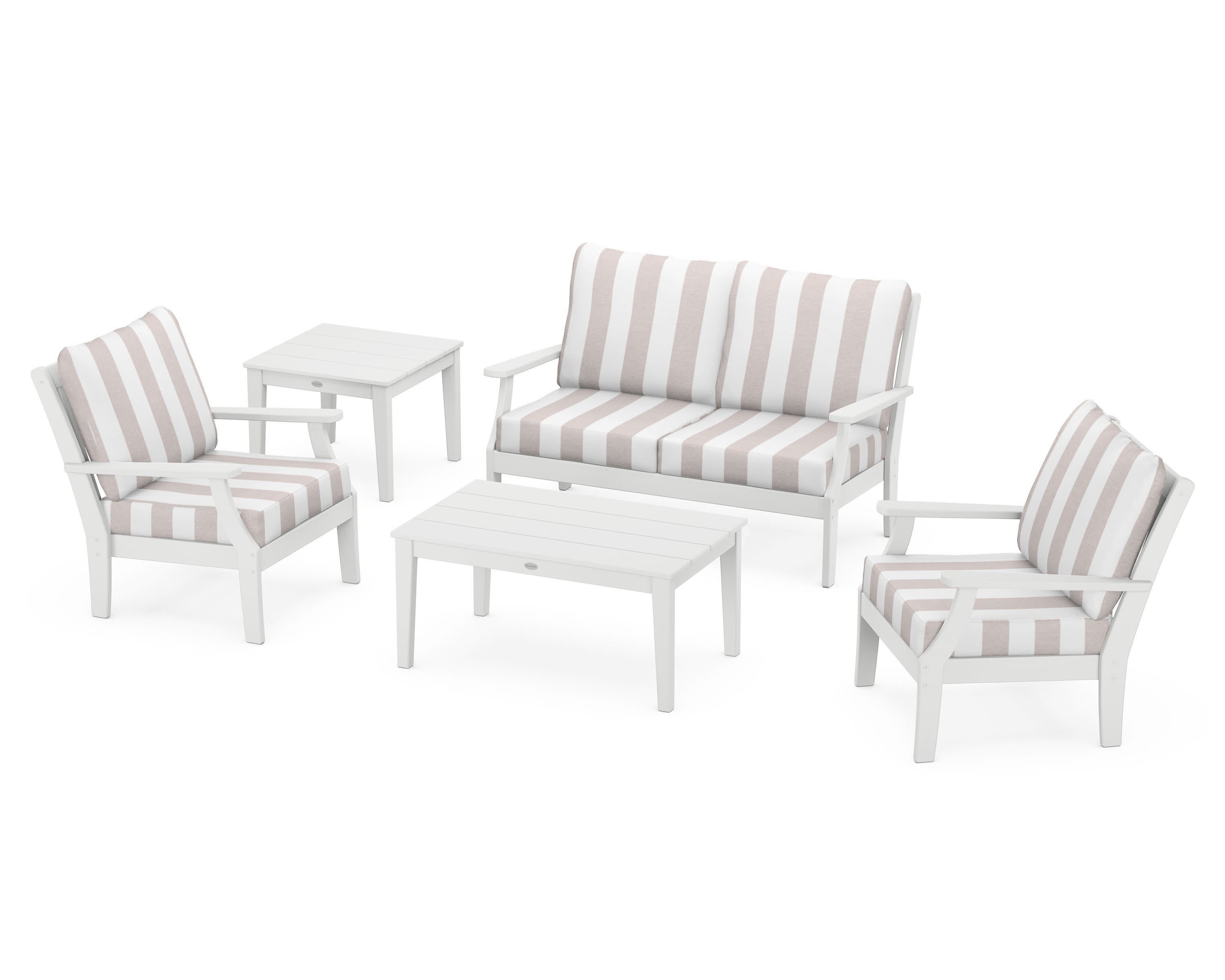 Braxton 5-Piece Deep Seating Set in White / Cabana Stripe Dune Burlap