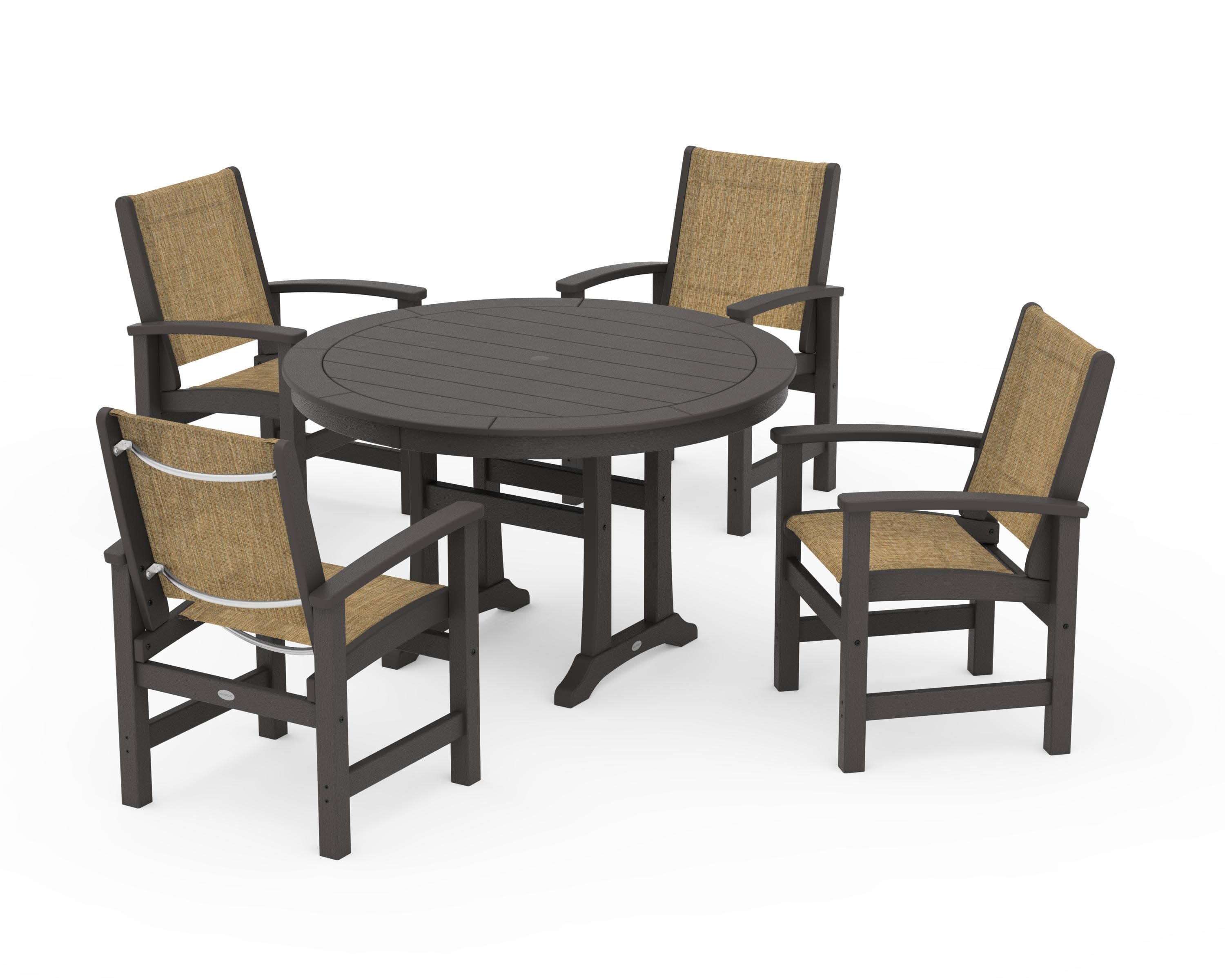 Coastal 5-Piece Round Dining Set with Trestle Legs in Vintage Coffee / Burlap Sling