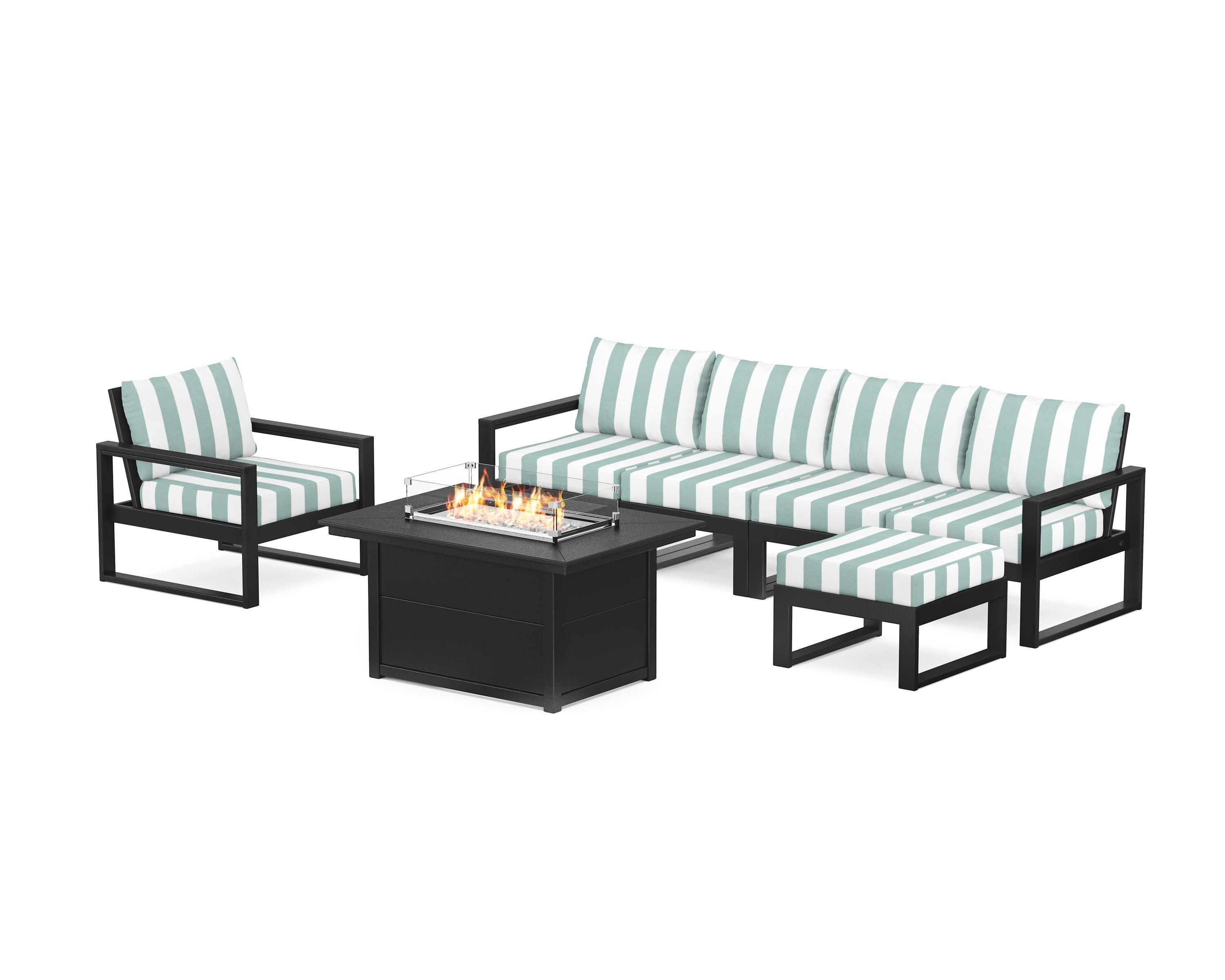 EDGE Sectional Lounge and Fire Pit Set in Black / Cabana Stripe Glacier Spa