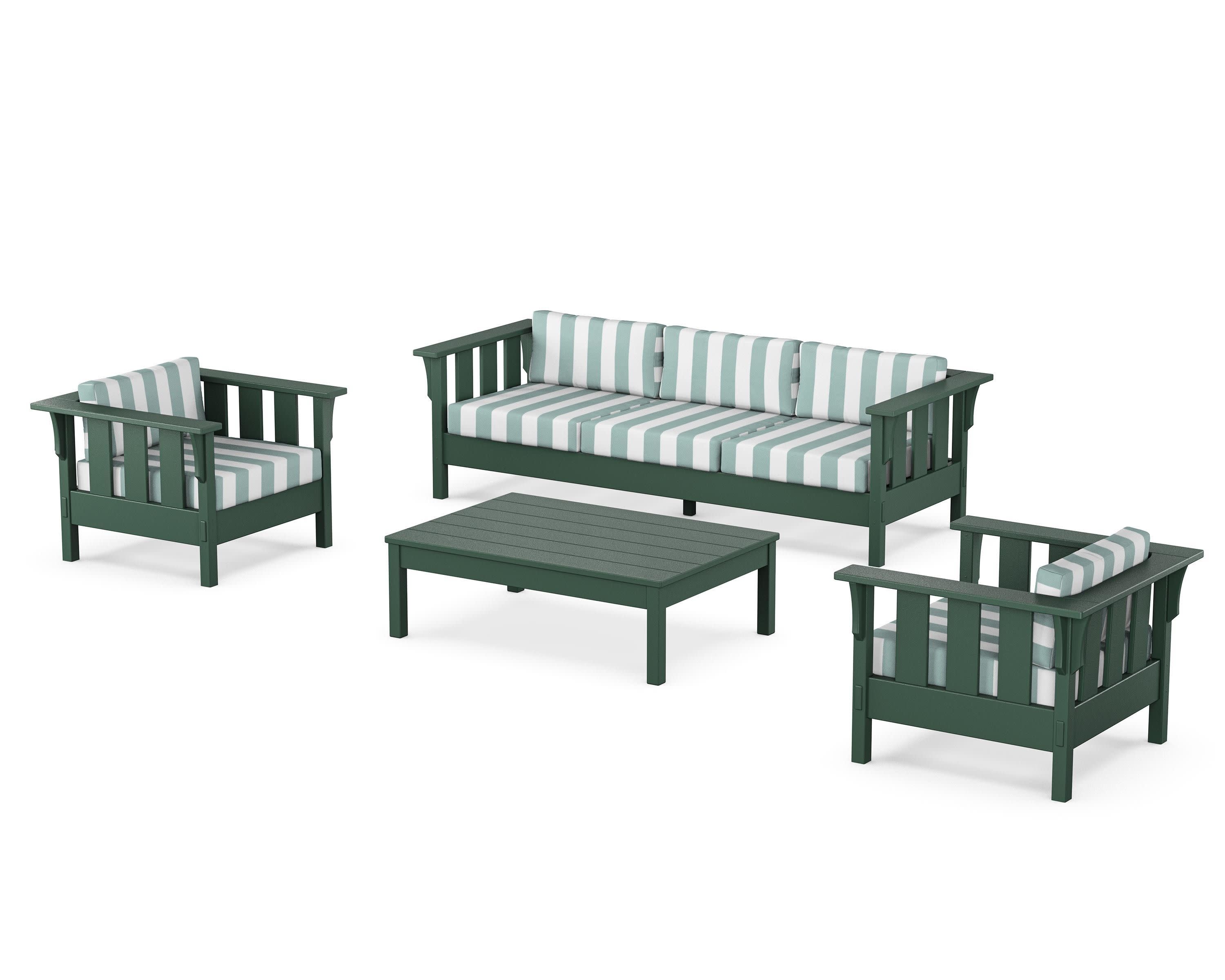 Acadia 4-Piece Deep Seating Set with Sofa in Green / Cabana Stripe Glacier Spa