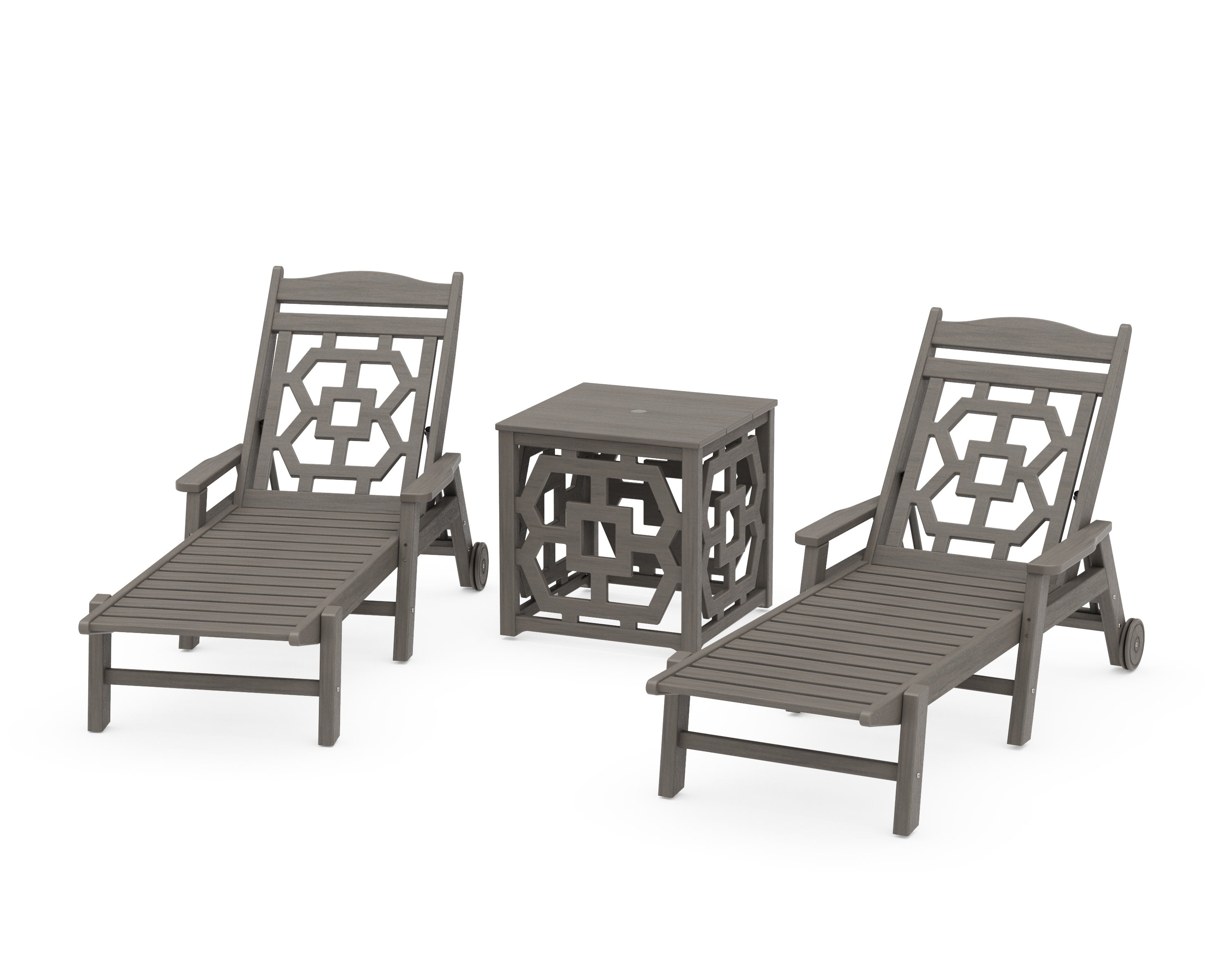 Chinoiserie 3-Piece Chaise Set with Umbrella Stand Accent Table in Driftwood