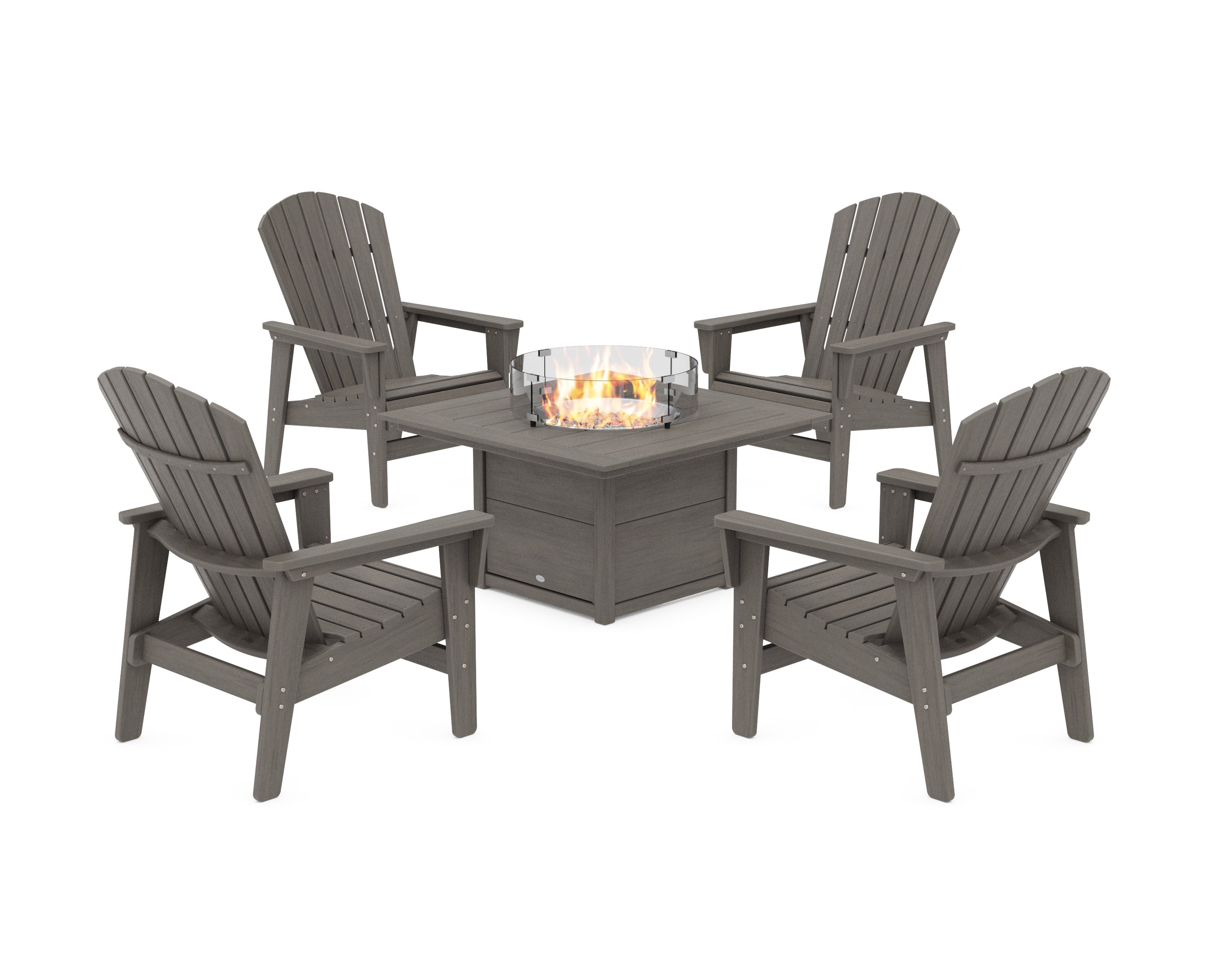 5-Piece Nautical Grand Upright Adirondack Conversation Set with Fire Pit Table in Driftwood