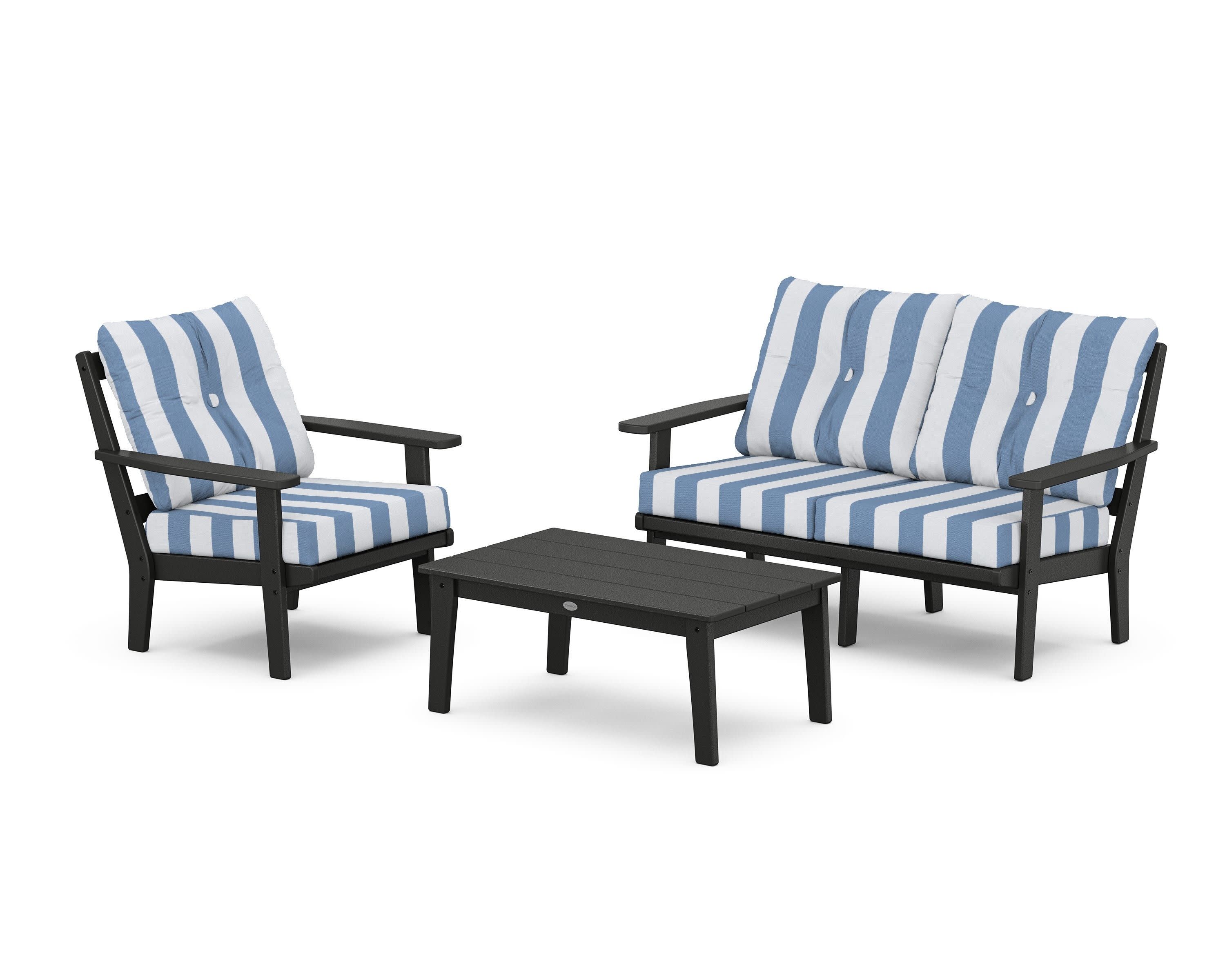 Oxford 3-Piece Deep Seating Set with Loveseat in Black / Cabana Stripe Sky Blue