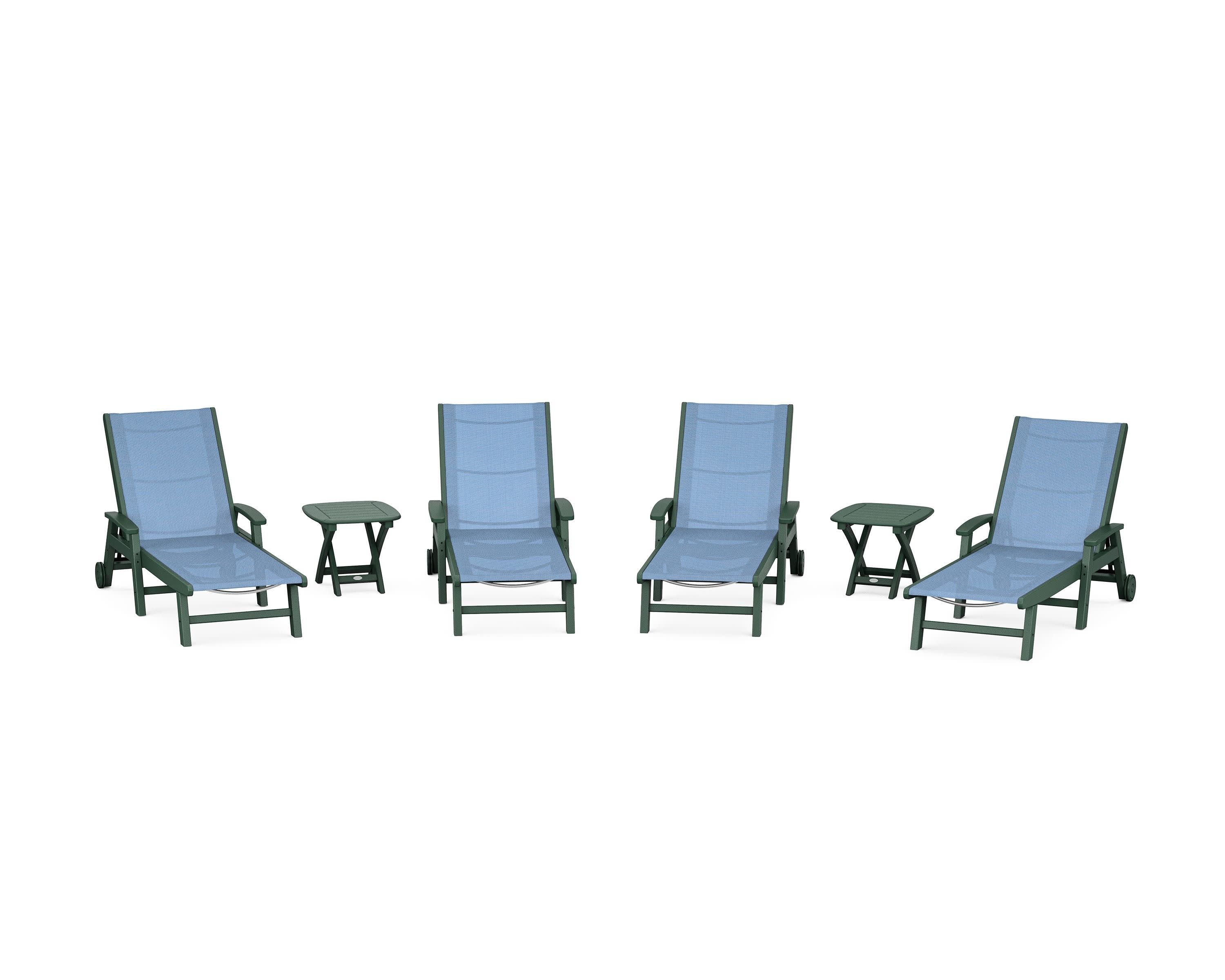 Coastal Chaise 6-Piece Set with Wheels in Green / Poolside Sling
