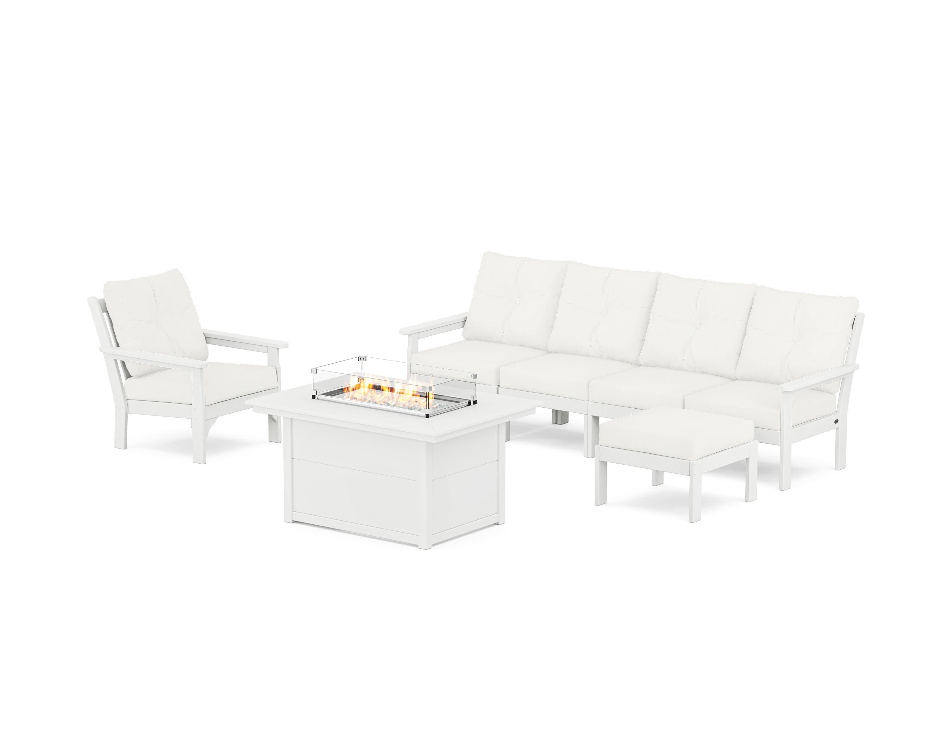 Vineyard Sectional Lounge and Fire Pit Set in White / Natural Linen