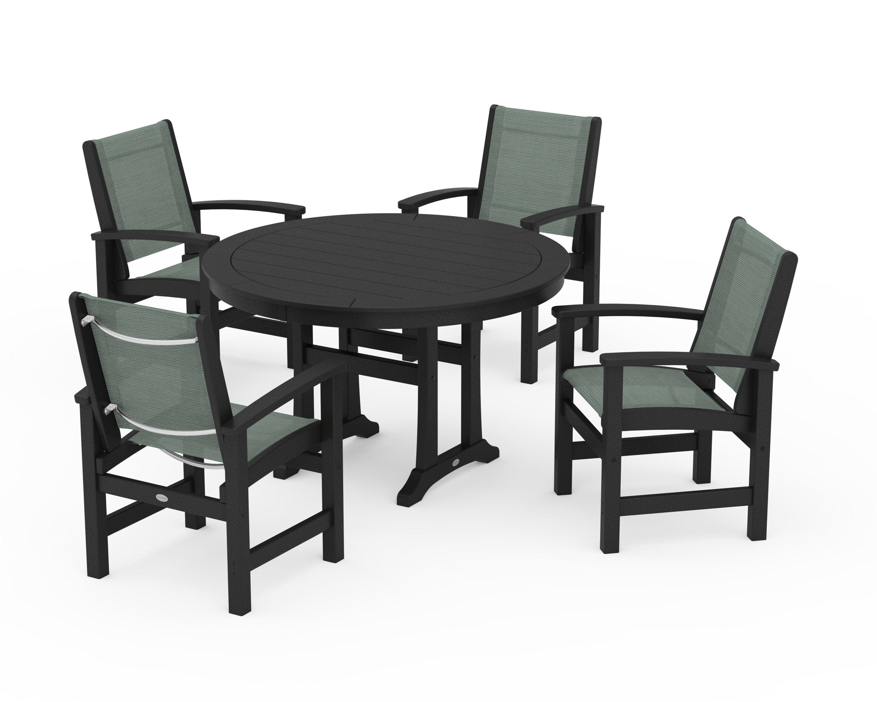 Coastal 5-Piece Round Dining Set with Trestle Legs in Black / Dupioni Sea Mist Sling