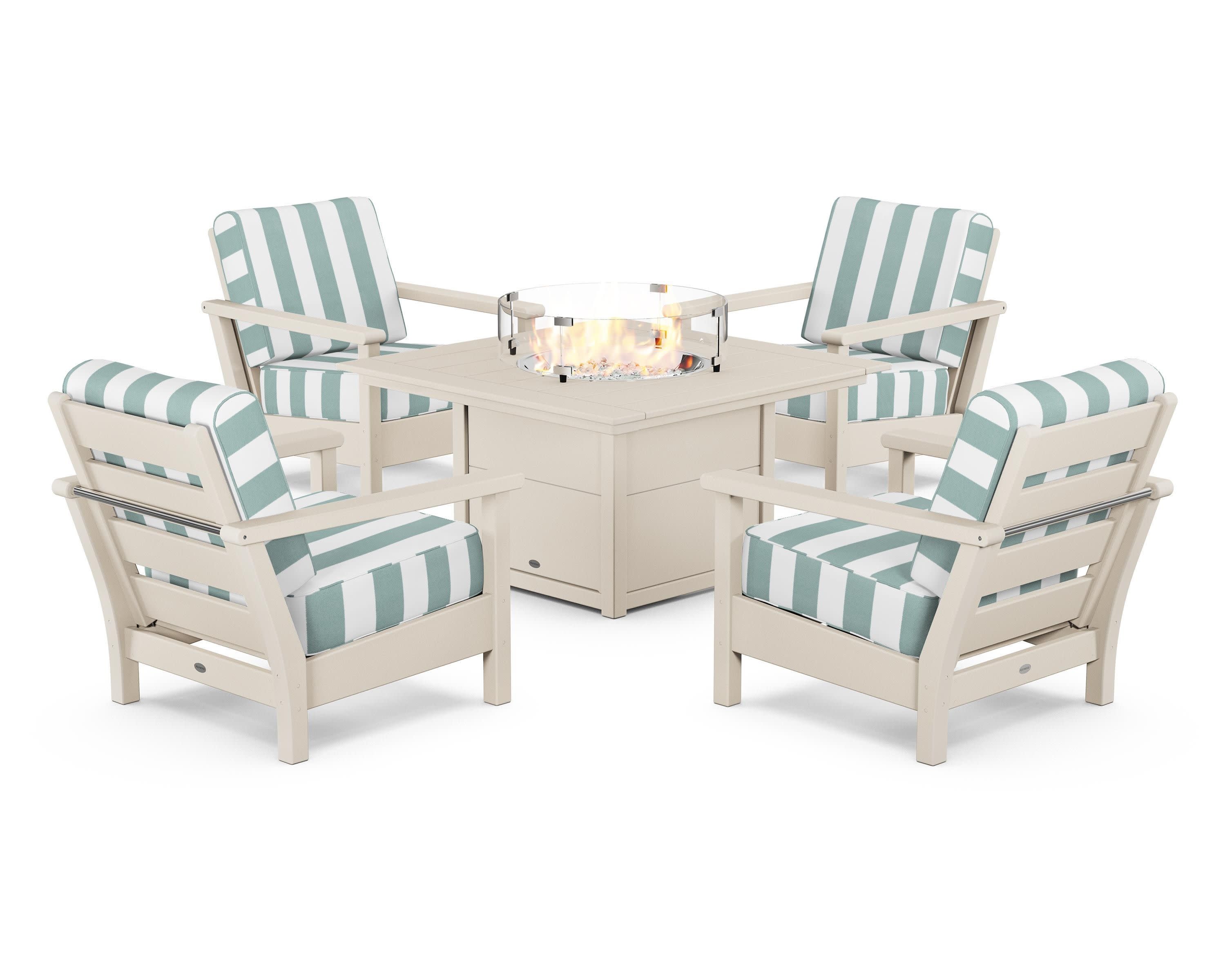 Harbour 5-Piece Conversation Set with Fire Pit Table in Sand / Cabana Stripe Glacier Spa
