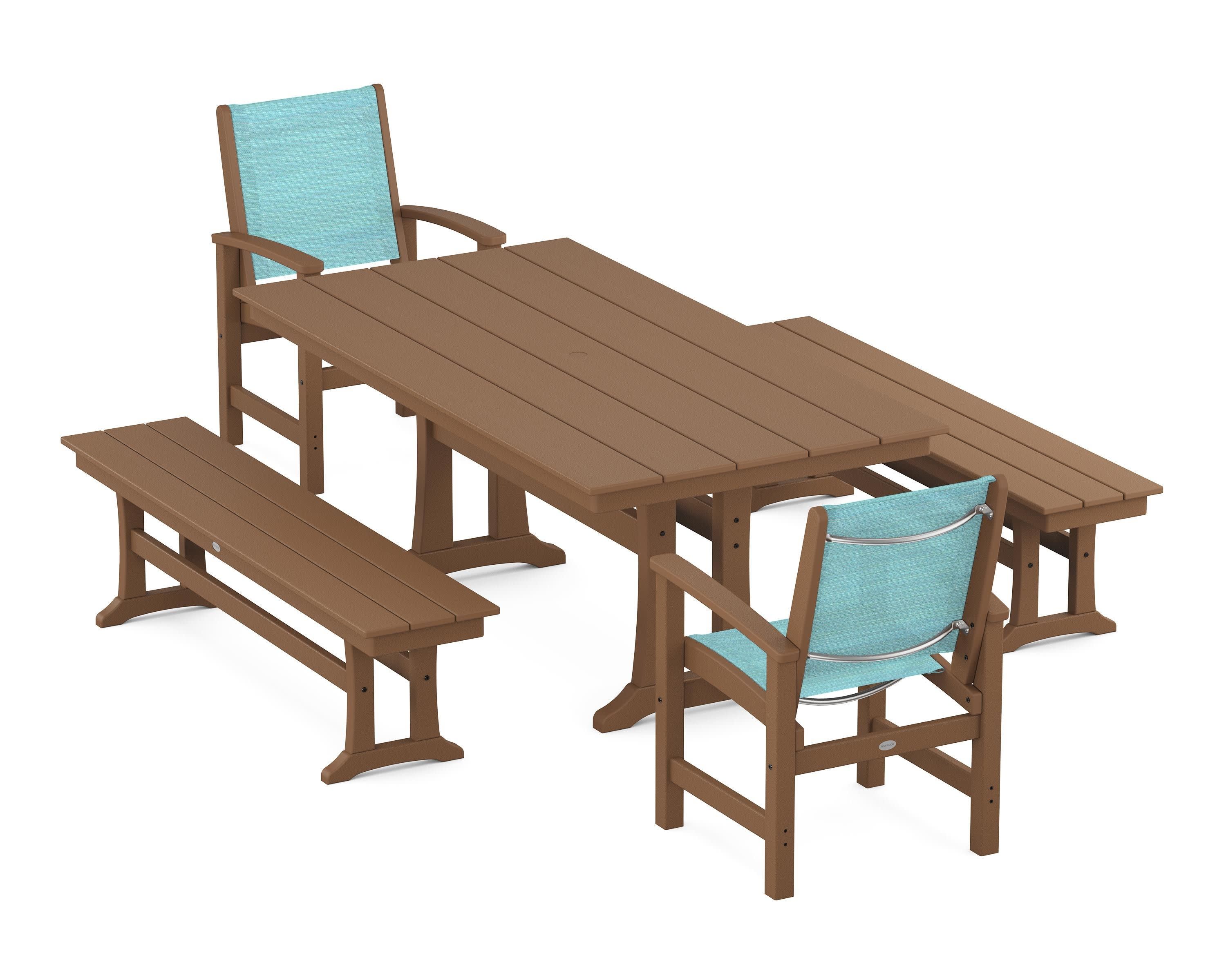 Coastal 5-Piece Farmhouse Dining Set with Trestle Legs and Benches in Teak / Dupioni Aquamarine Sling