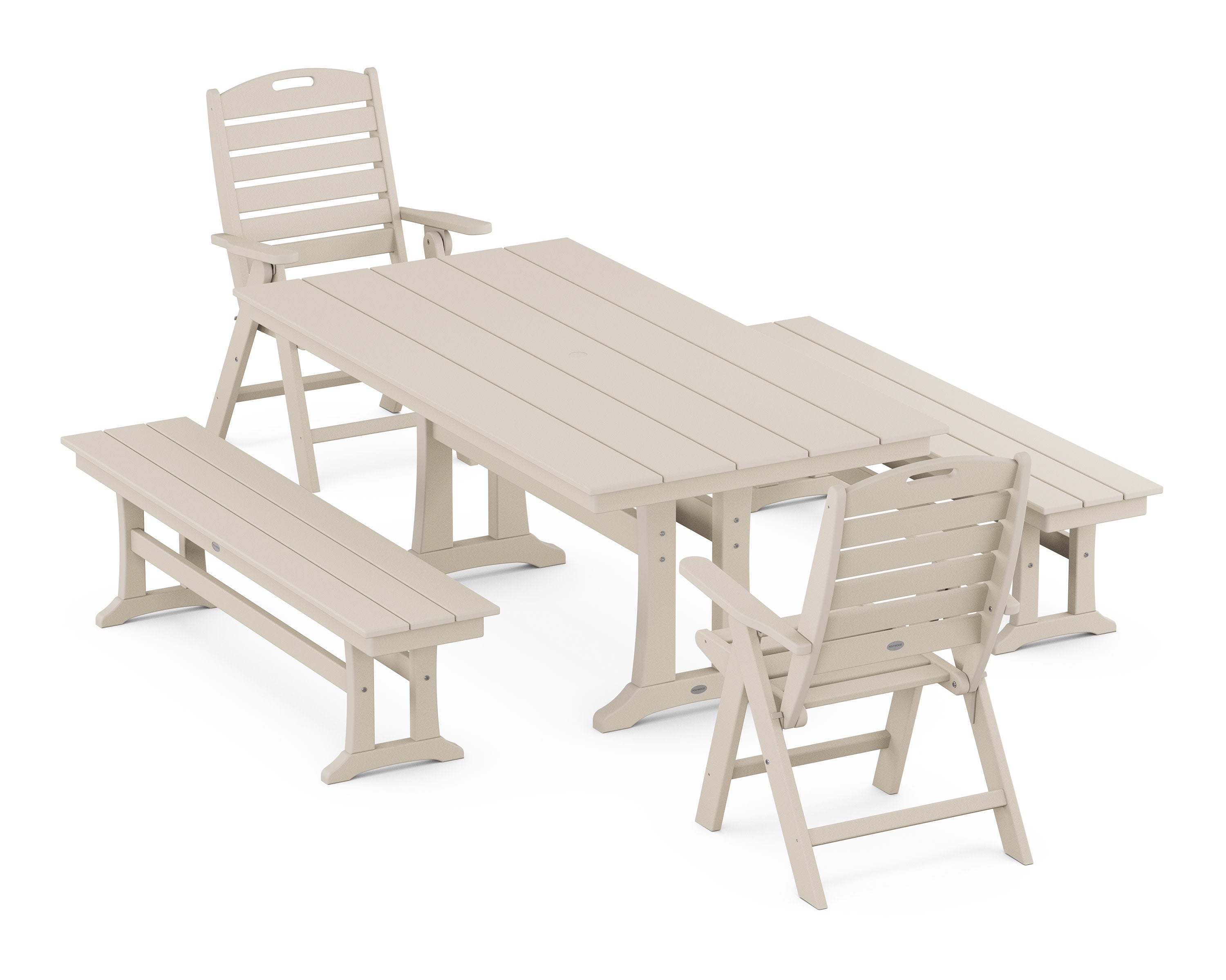 Nautical Folding Highback Chair 5-Piece Farmhouse Dining Set With Trestle Legs and Benches in Sand