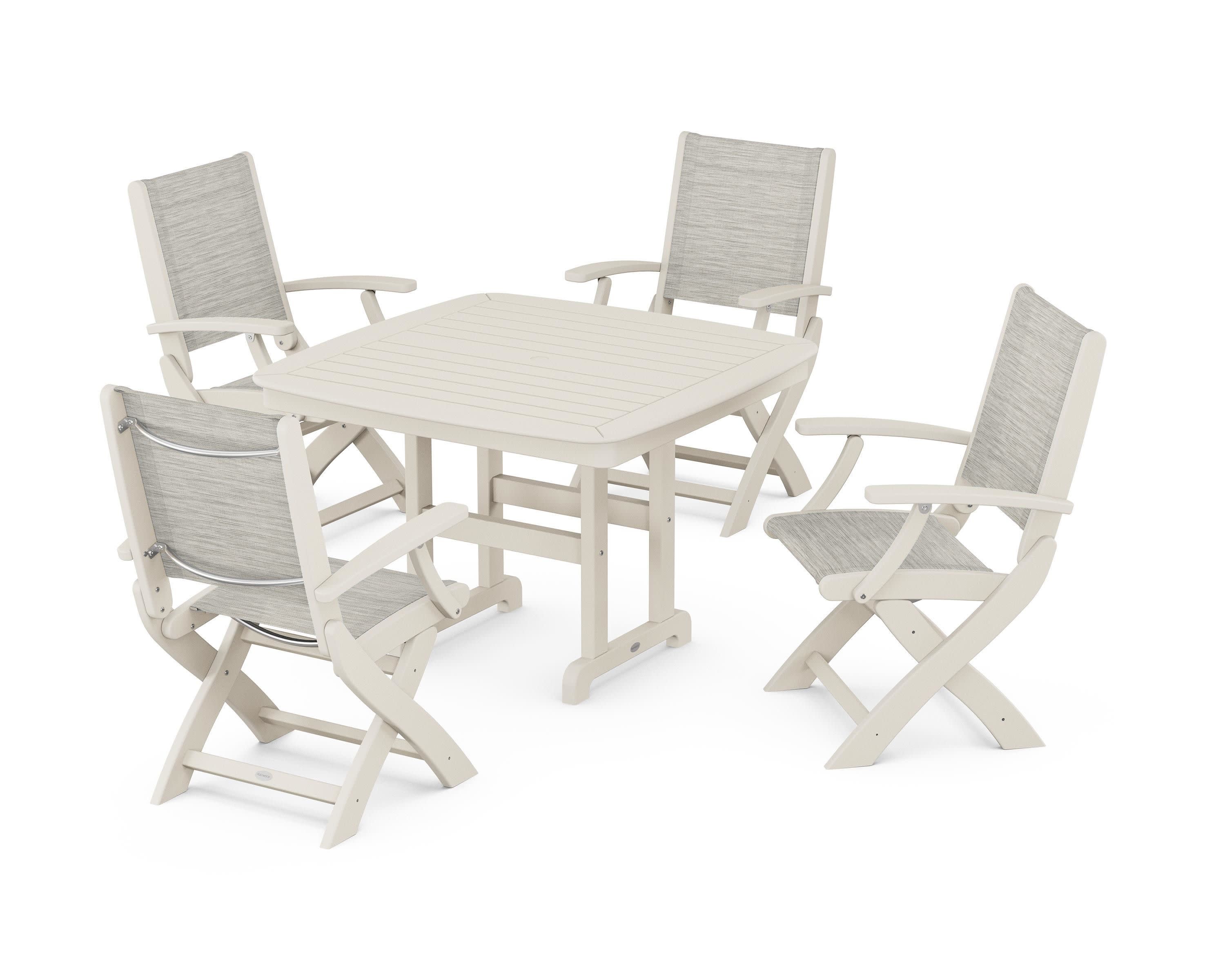 Coastal Folding Chair 5-Piece Dining Set in Sand / Birch Sling