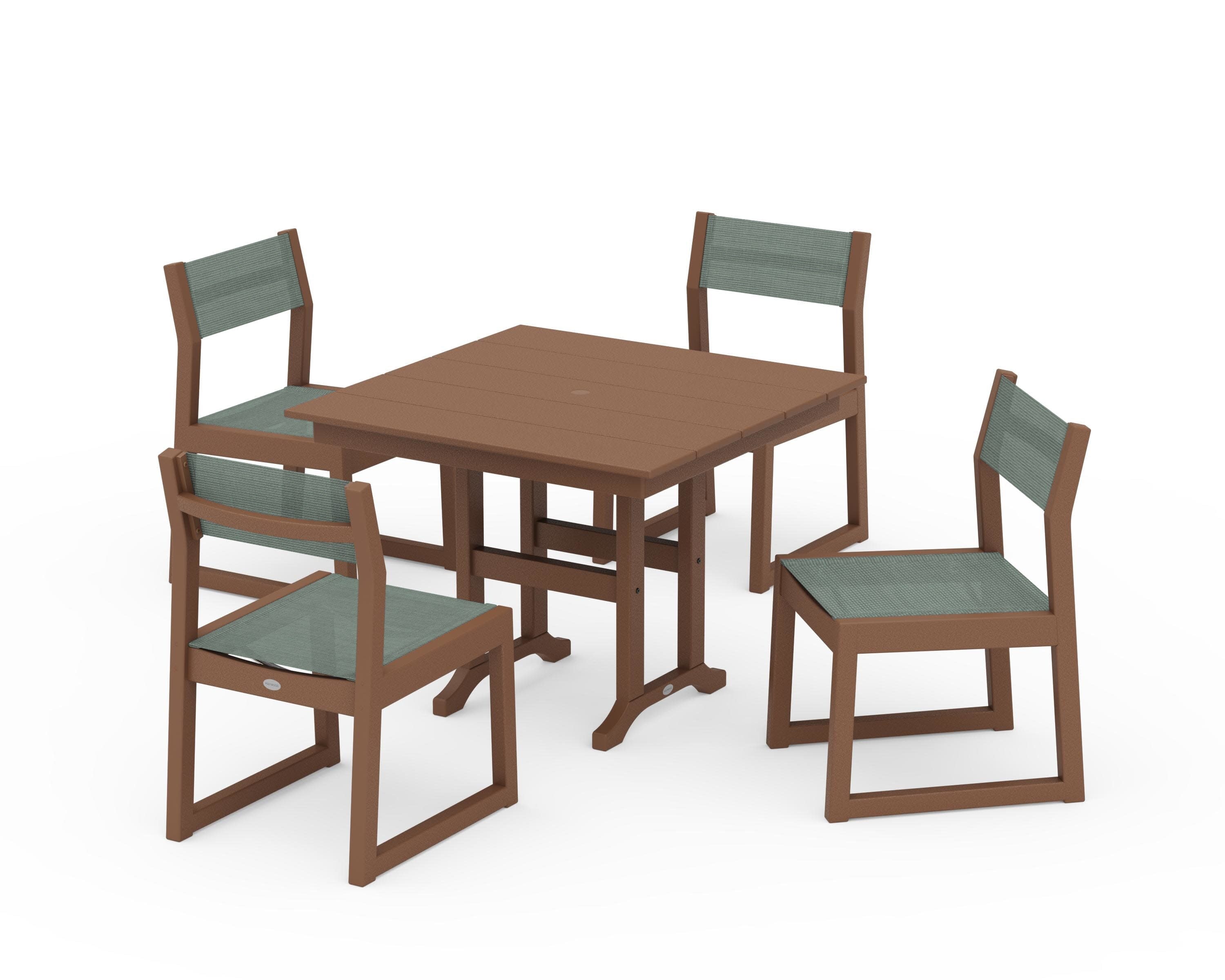 EDGE Sling Side Chair 5-Piece Farmhouse Dining Set in Teak / Dupioni Sea Mist Sling
