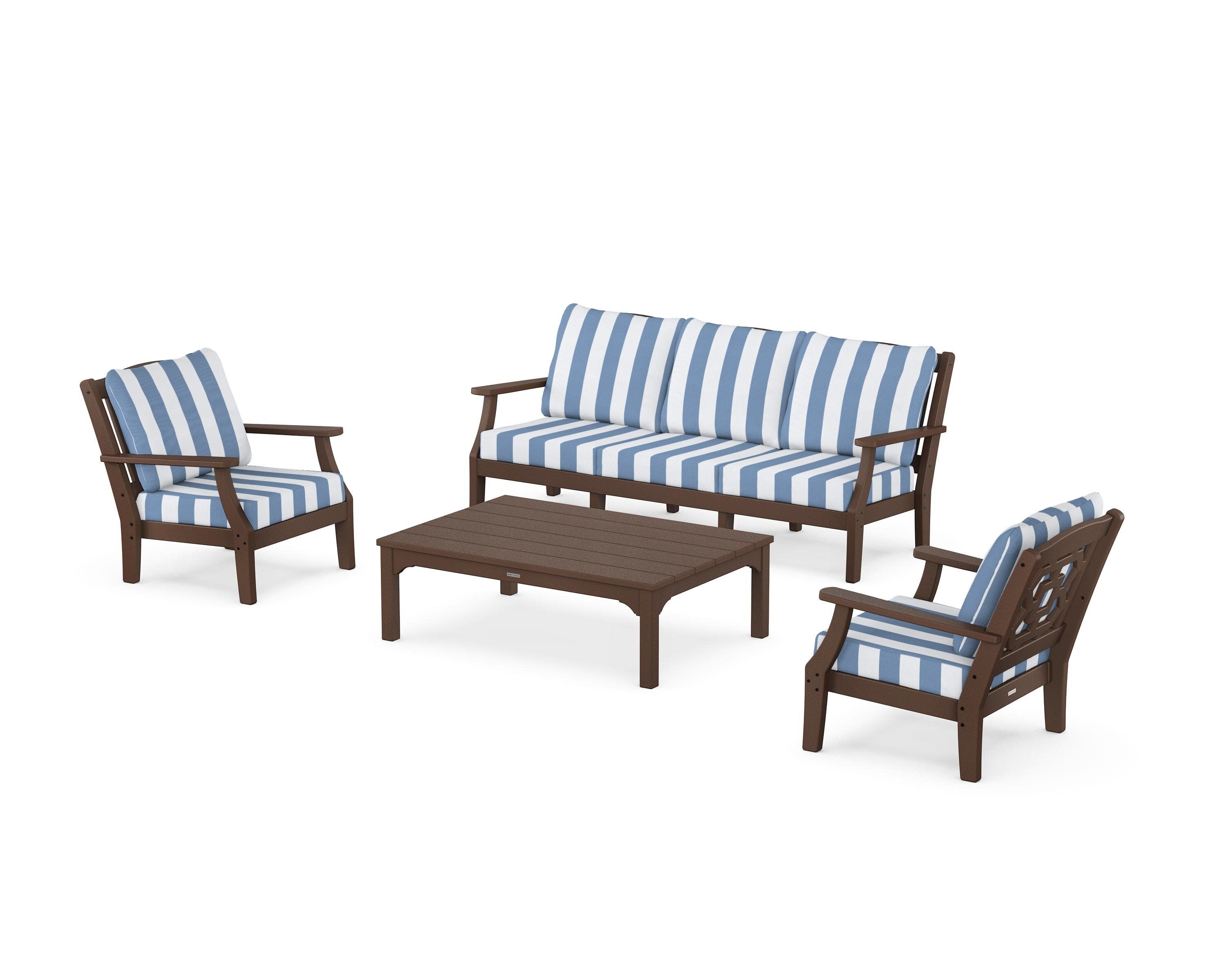 Chinoiserie 4-Piece Deep Seating Set with Sofa in Mahogany / Cabana Stripe Sky Blue