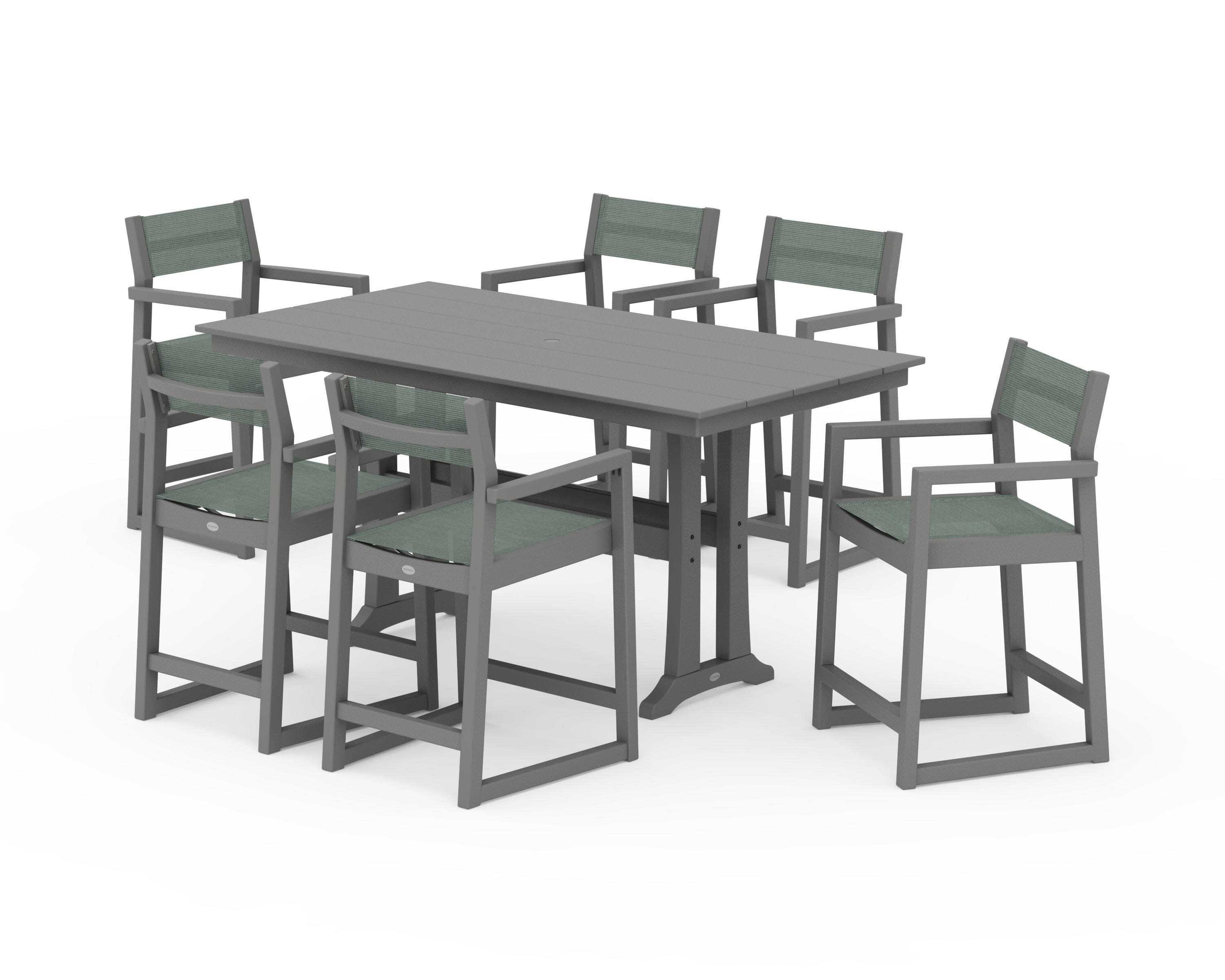 EDGE Sling Arm Chair 7-Piece Farmhouse Counter Set with Trestle Legs in Slate Grey / Dupioni Sea Mist Sling